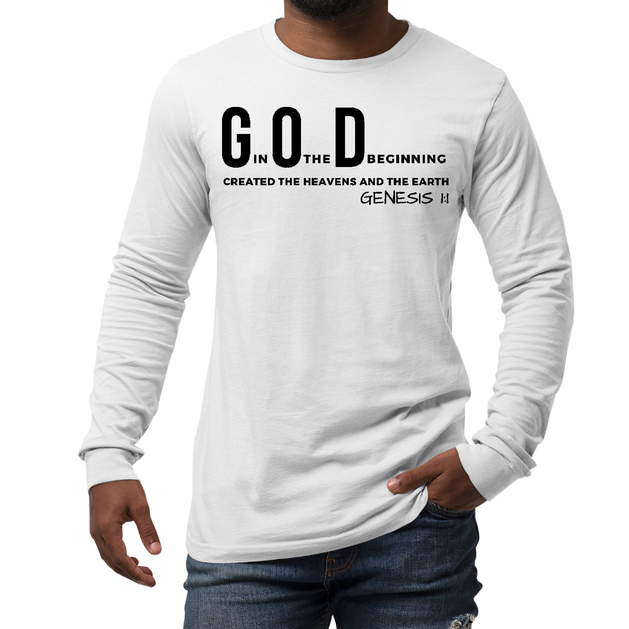 Men's long sleeve graphic t-shirt in black featuring 'God in the Beginning' print, made from soft preshrunk cotton.