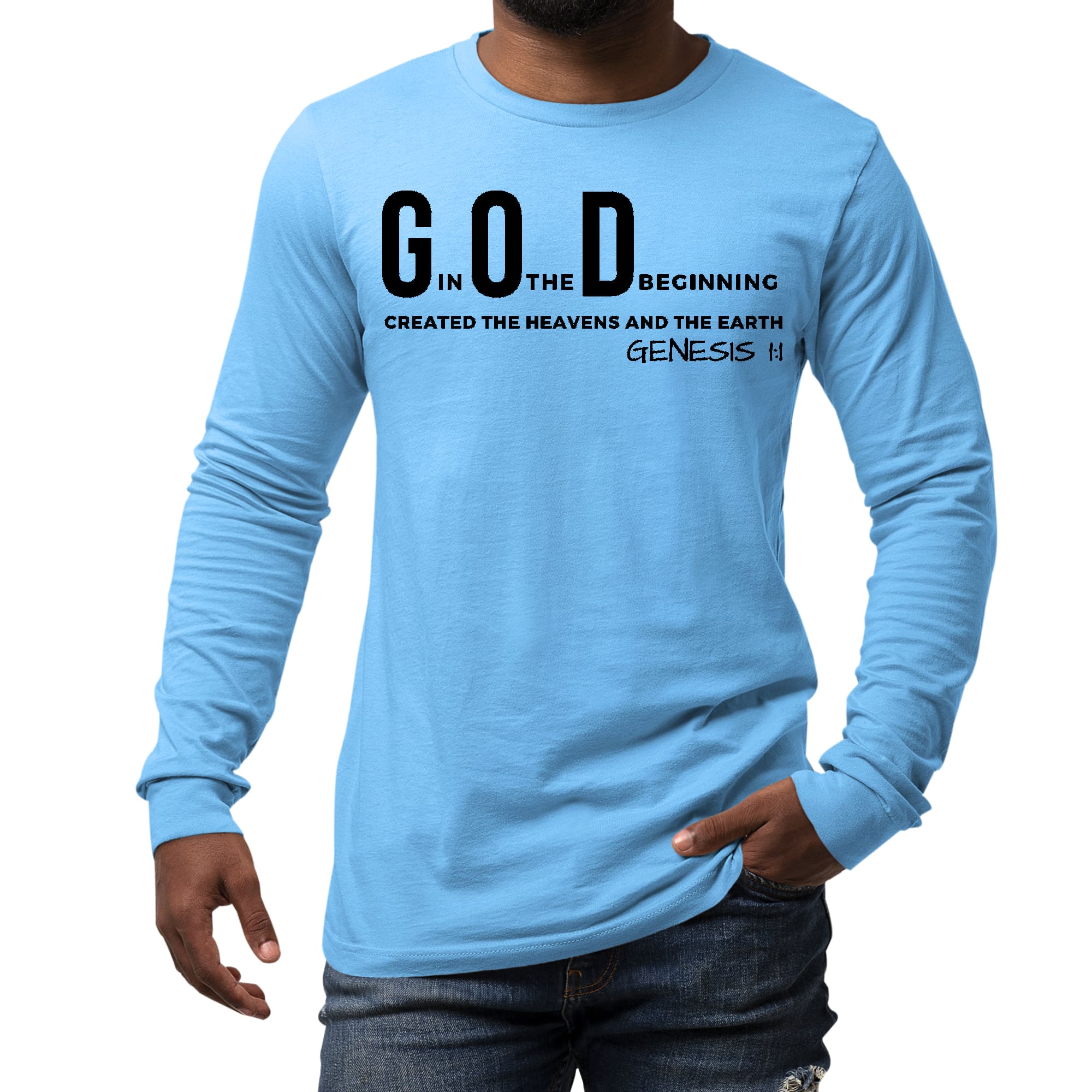 Men's long sleeve graphic t-shirt in black featuring 'God in the Beginning' print, made from soft preshrunk cotton.