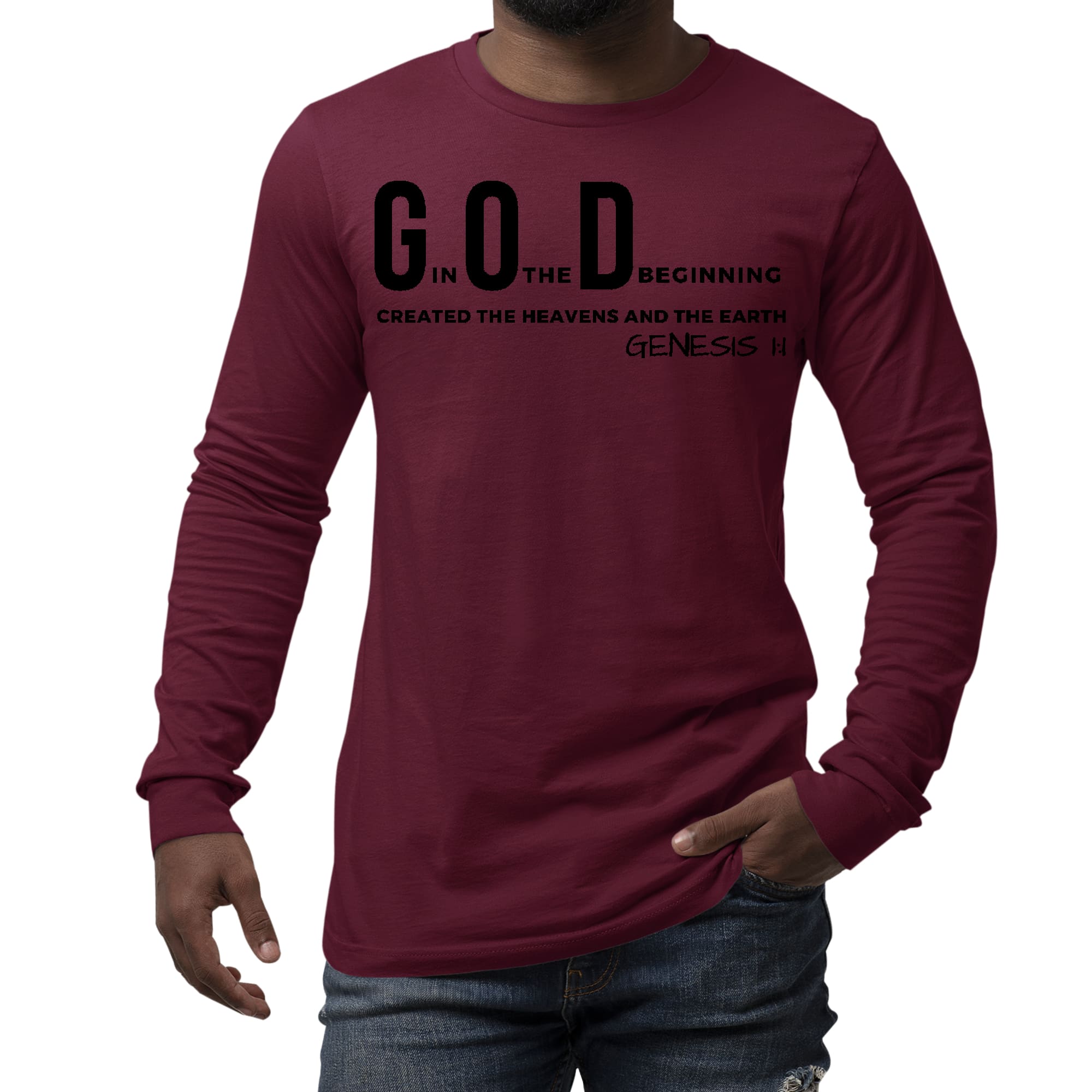 Men's long sleeve graphic t-shirt in black featuring 'God in the Beginning' print, made from soft preshrunk cotton.