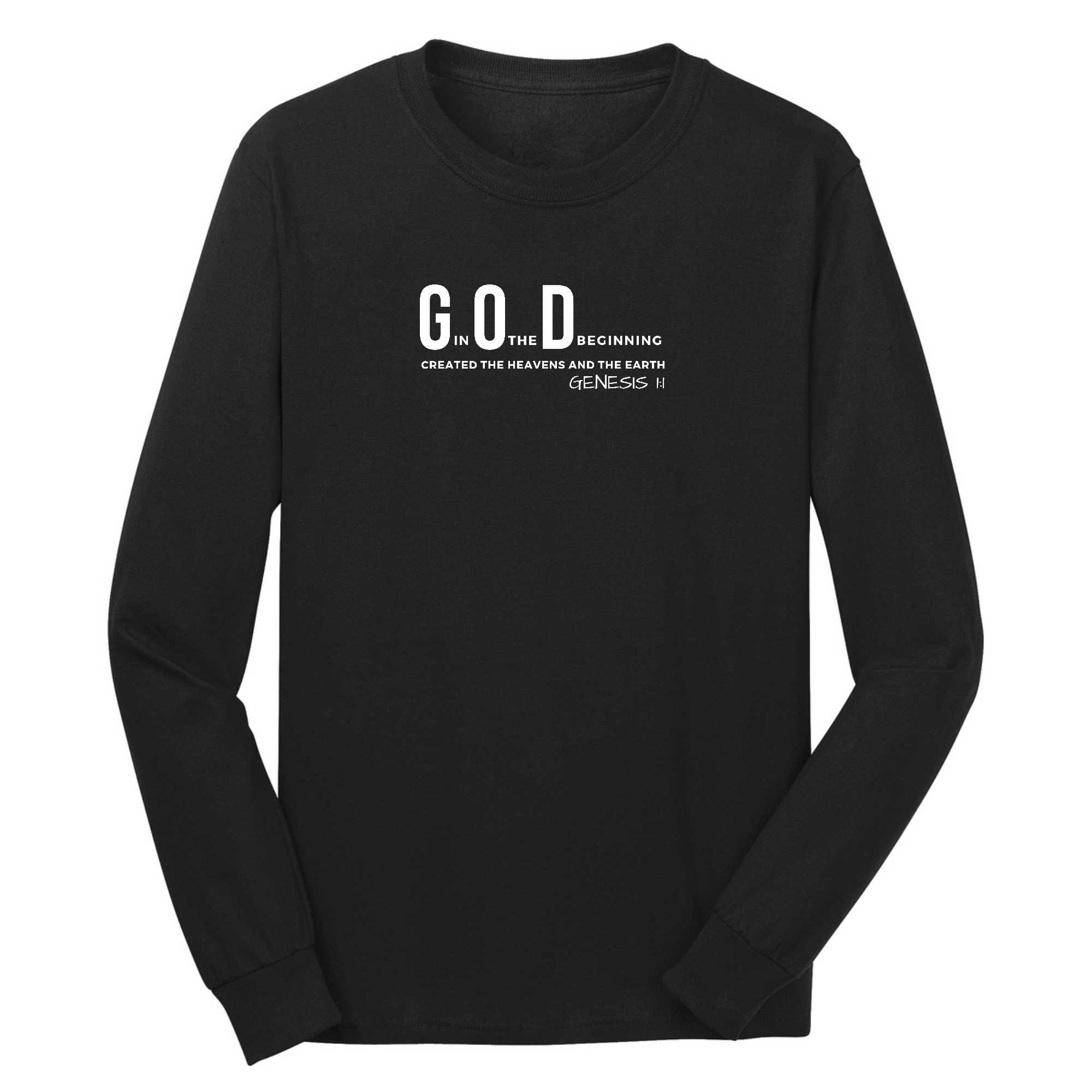 Men's long sleeve graphic t-shirt featuring 'God in the Beginning' print, made from soft preshrunk cotton with a classic fit.