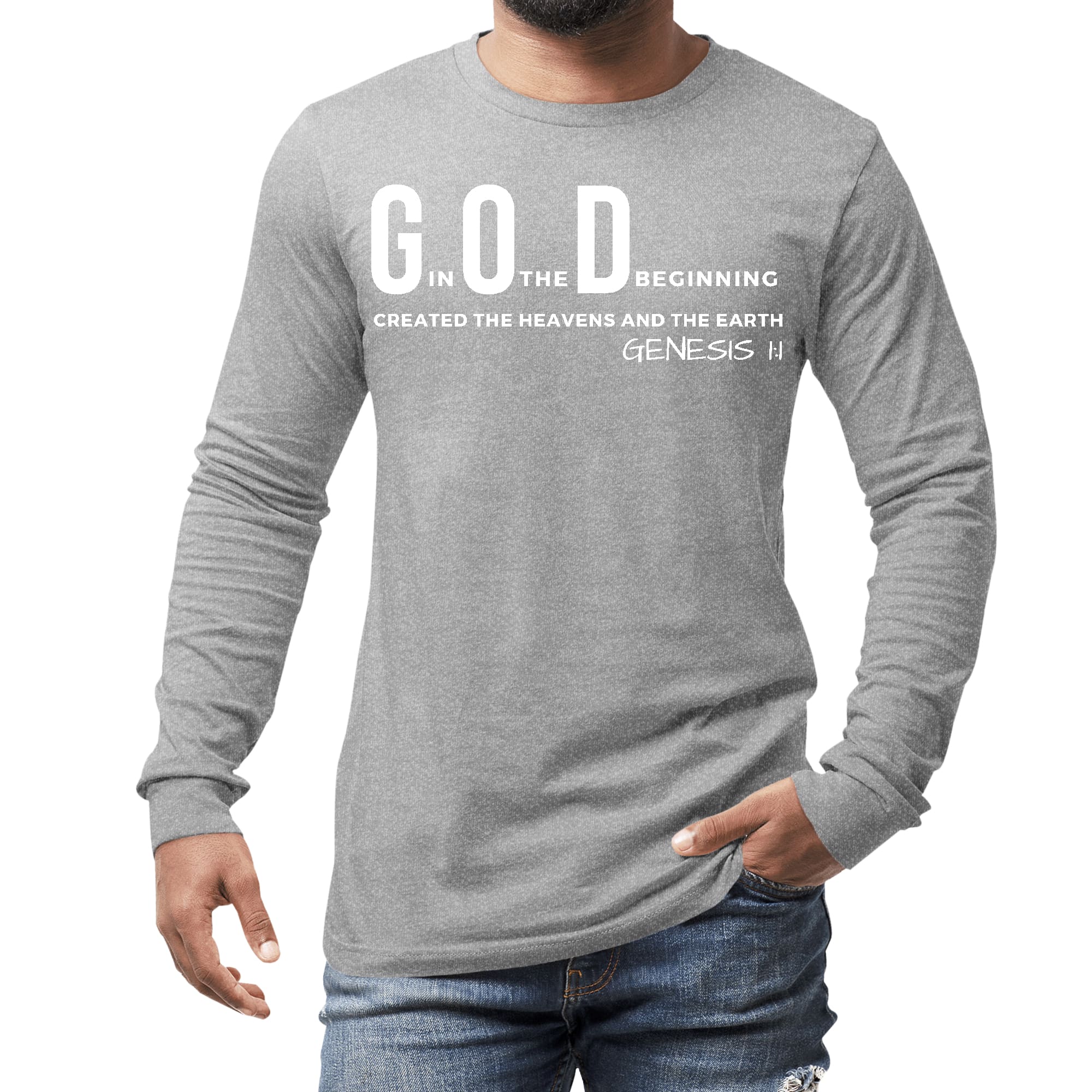 Men's long sleeve graphic t-shirt featuring 'God in the Beginning' print, made from soft preshrunk cotton with a classic fit.