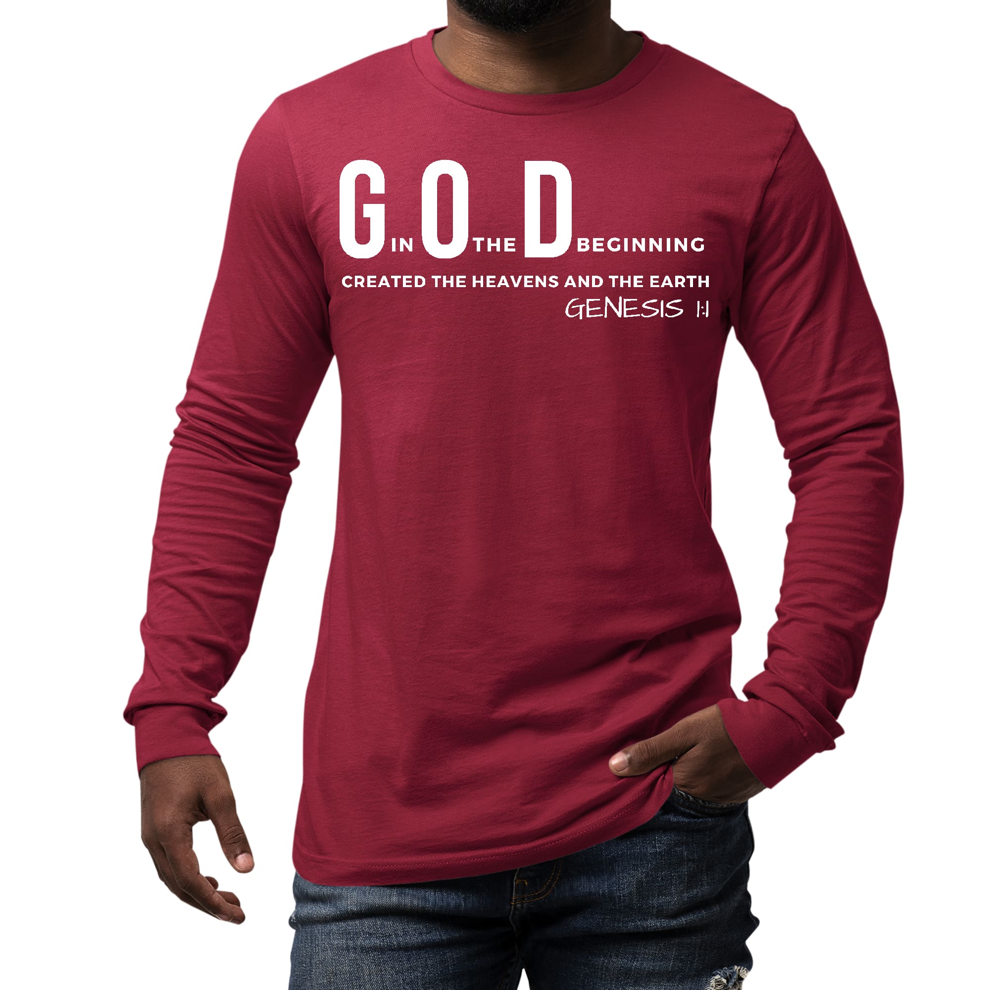 Men's long sleeve graphic t-shirt featuring 'God in the Beginning' print, made from soft preshrunk cotton with a classic fit.