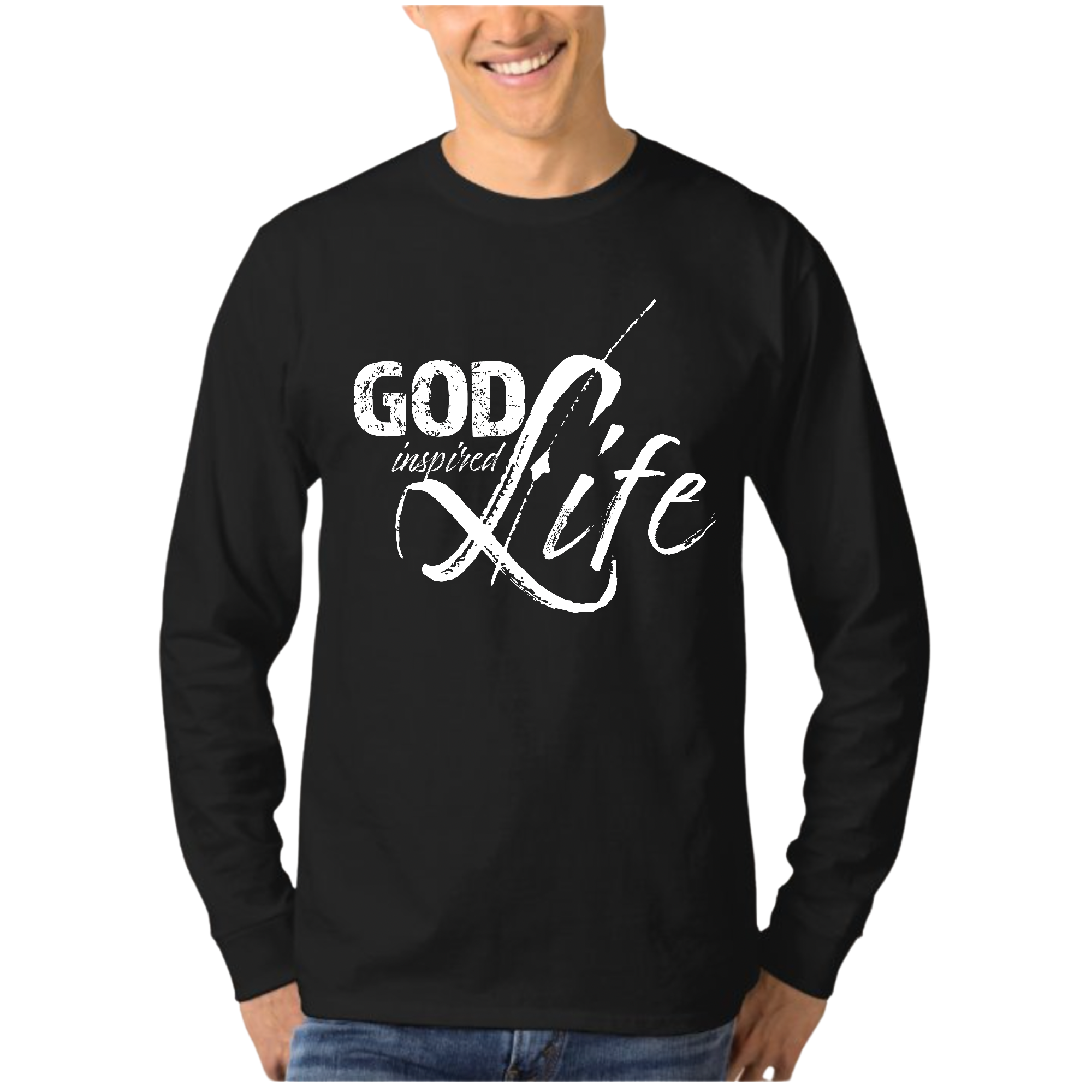 Men's Long Sleeve Graphic T-shirt featuring 'God Inspired Life' inspirational quote, made from soft preshrunk cotton.