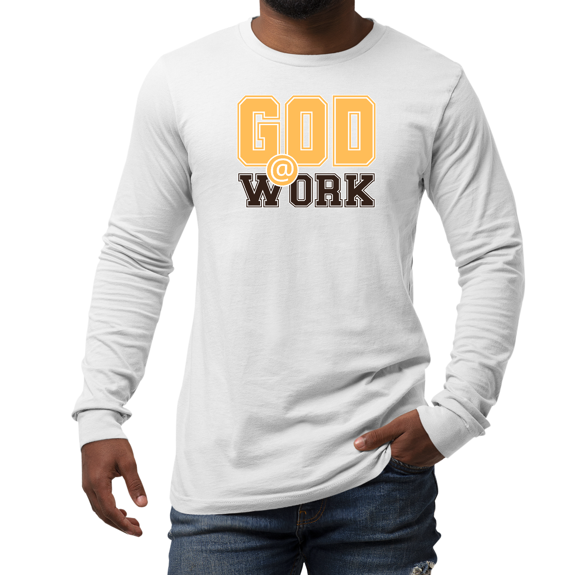 Men's long sleeve graphic t-shirt in golden yellow and brown with 'God @ Work' print, showcasing a stylish and comfortable design.