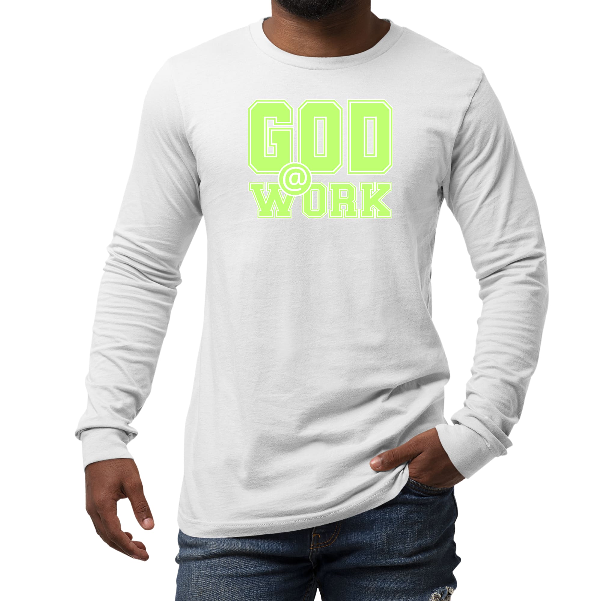 Mens Long Sleeve Graphic T-shirt in neon green and white with God @ Work print, showcasing a stylish and comfortable design.