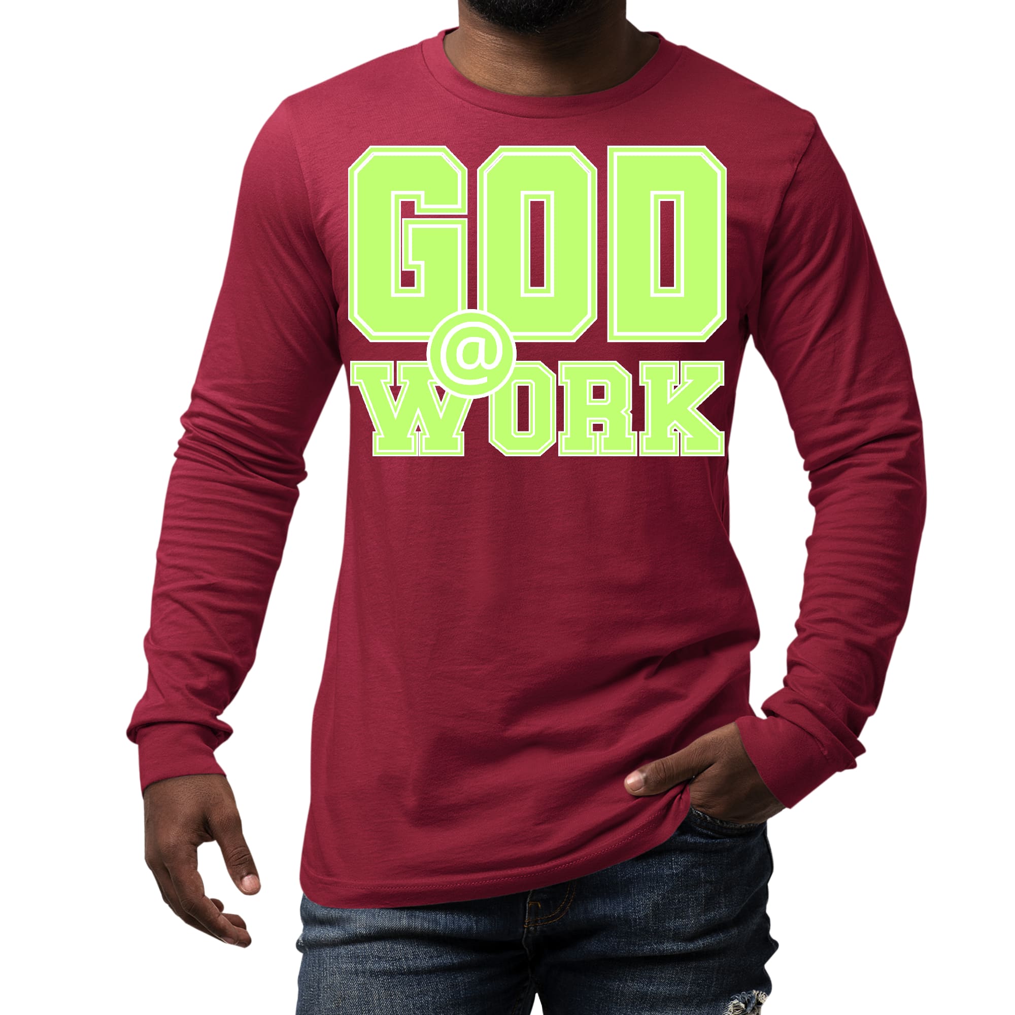 Mens Long Sleeve Graphic T-shirt in neon green and white with God @ Work print, showcasing a stylish and comfortable design.