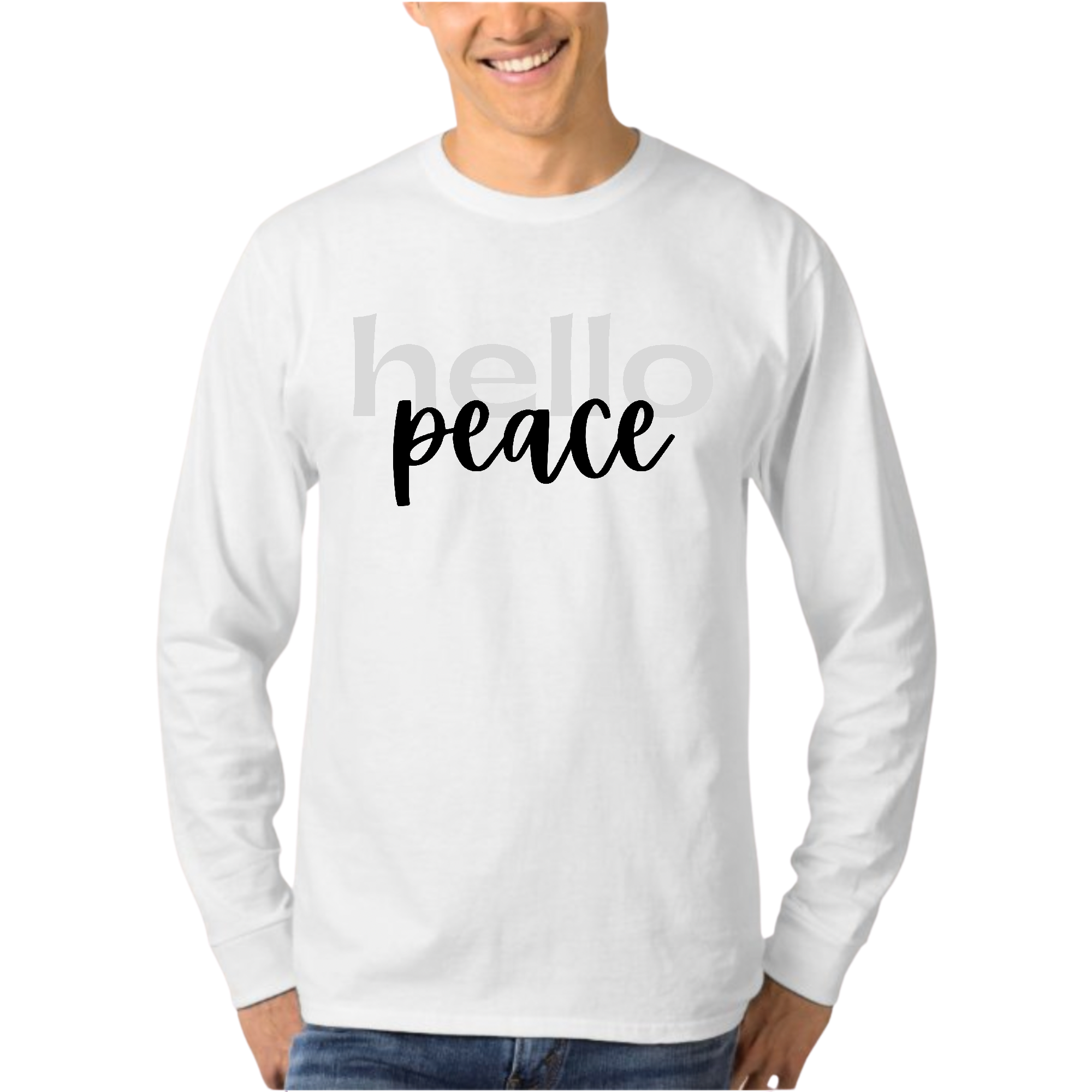 Men's Long Sleeve Graphic T-shirt in grey and black featuring 'Hello Peace' motivational design, made from soft preshrunk cotton.