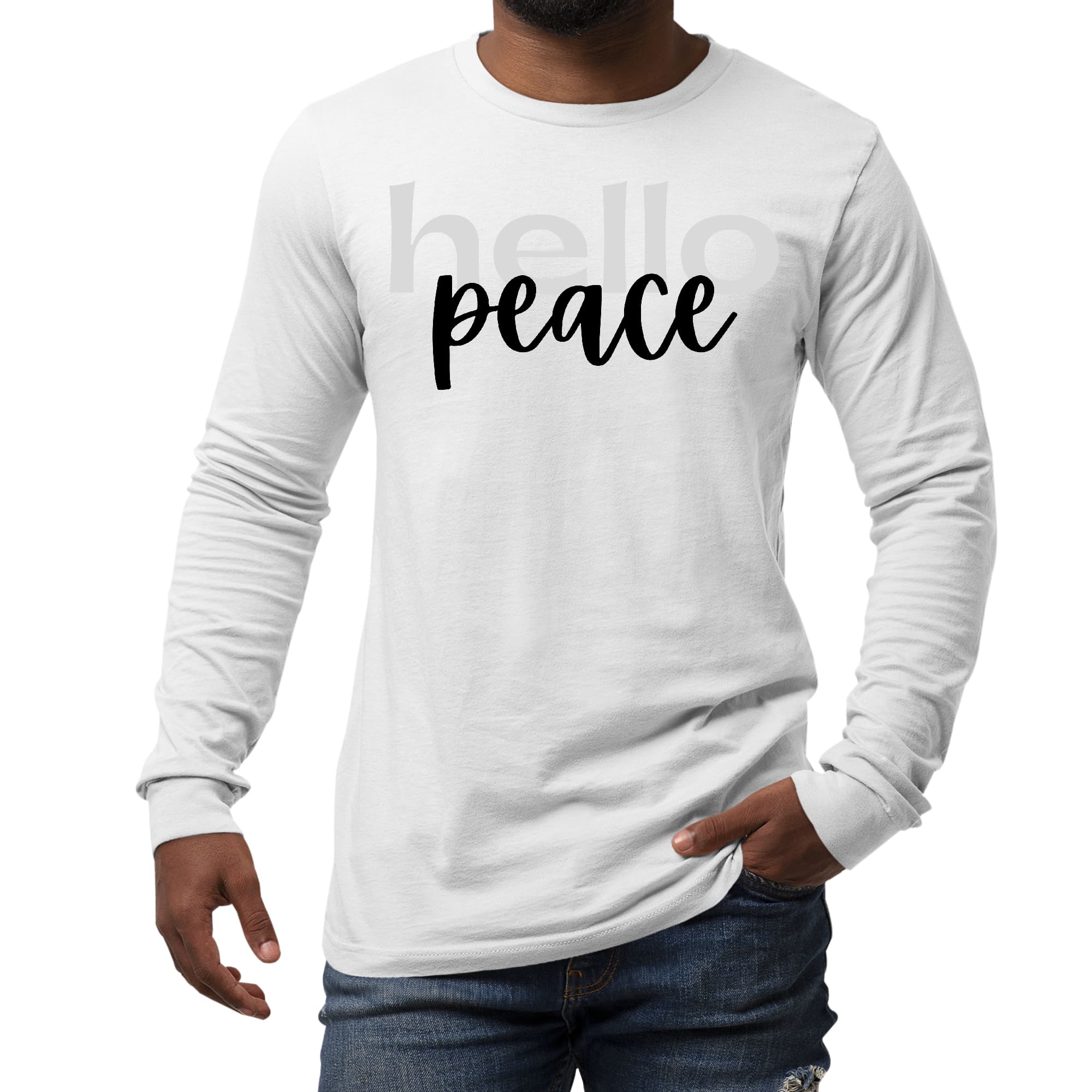 Men's Long Sleeve Graphic T-shirt in grey and black featuring 'Hello Peace' motivational design, made from soft preshrunk cotton.