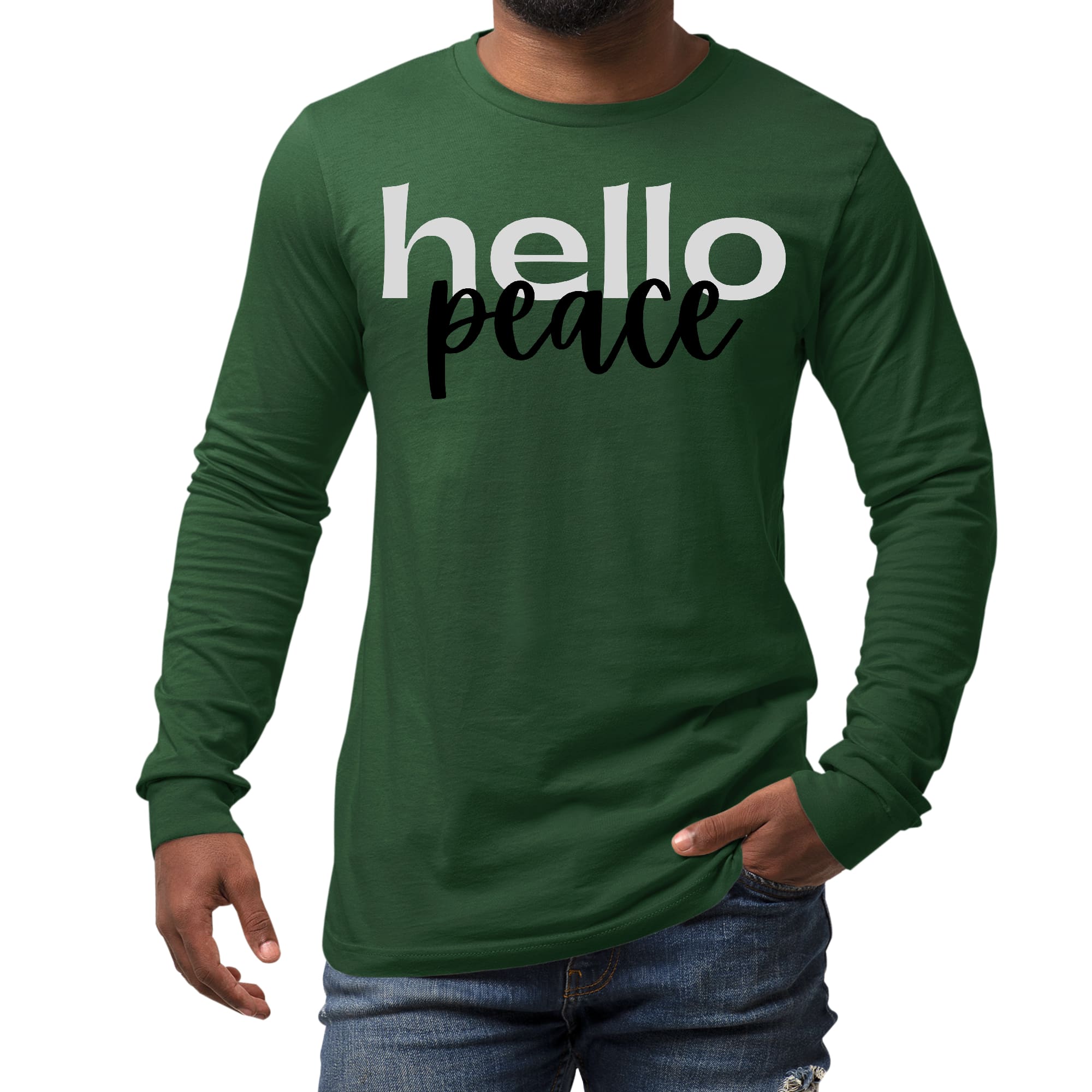 Men's Long Sleeve Graphic T-shirt in grey and black featuring 'Hello Peace' motivational design, made from soft preshrunk cotton.