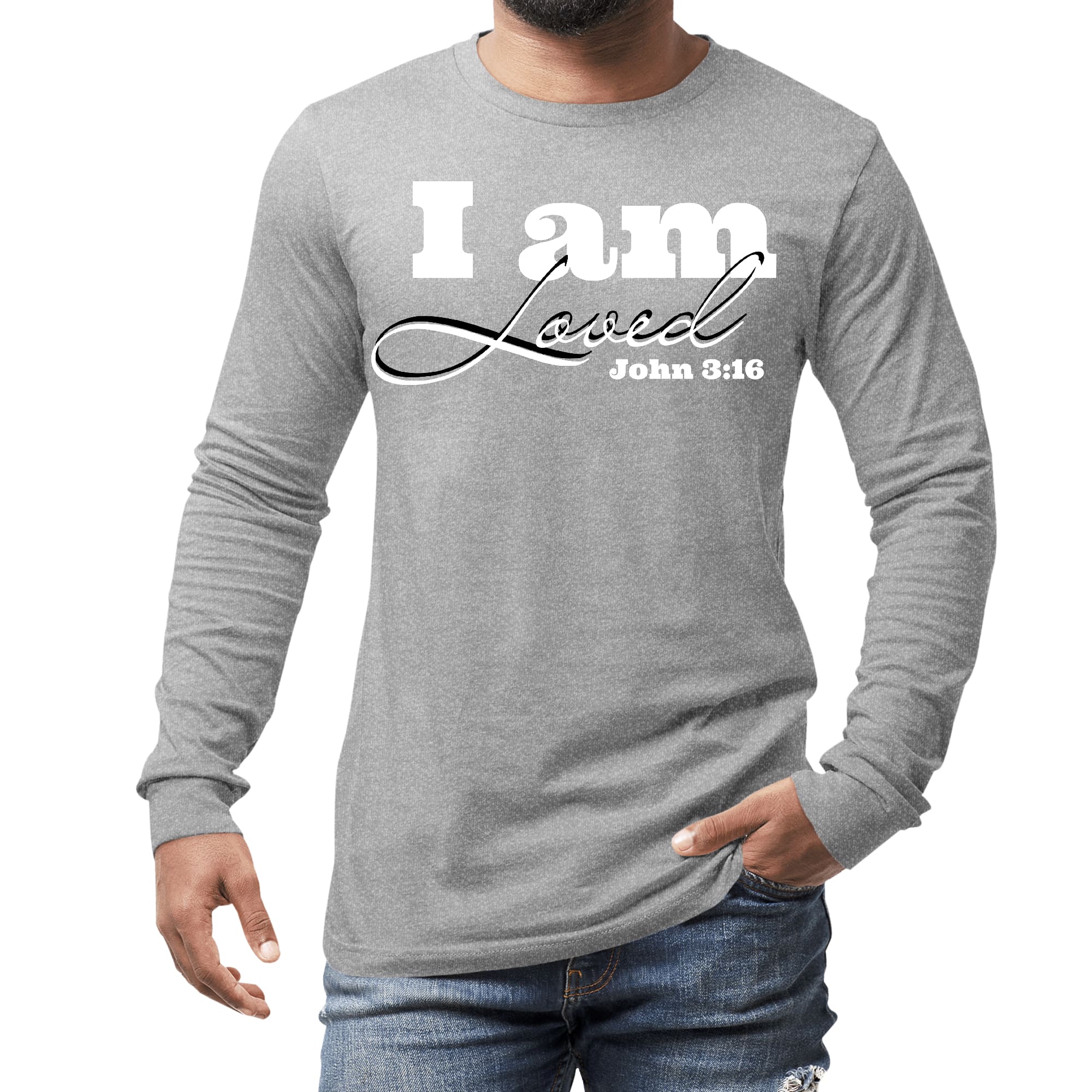 Men's long sleeve graphic t-shirt featuring 'I am Loved' John 3:16 illustration, made from soft preshrunk cotton.