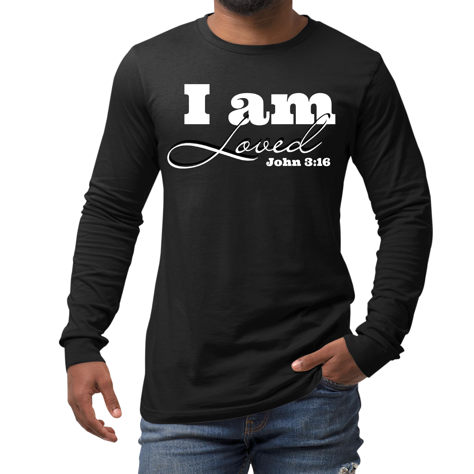 Men's long sleeve graphic t-shirt featuring 'I am Loved' John 3:16 illustration, made from soft preshrunk cotton.
