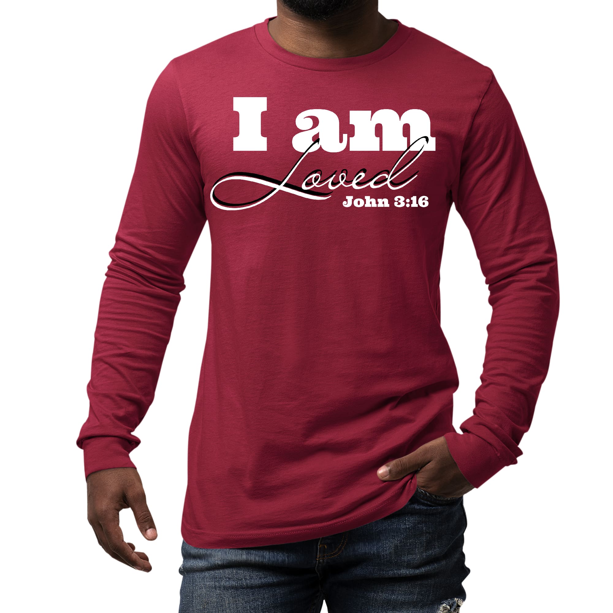 Men's long sleeve graphic t-shirt featuring 'I am Loved' John 3:16 illustration, made from soft preshrunk cotton.