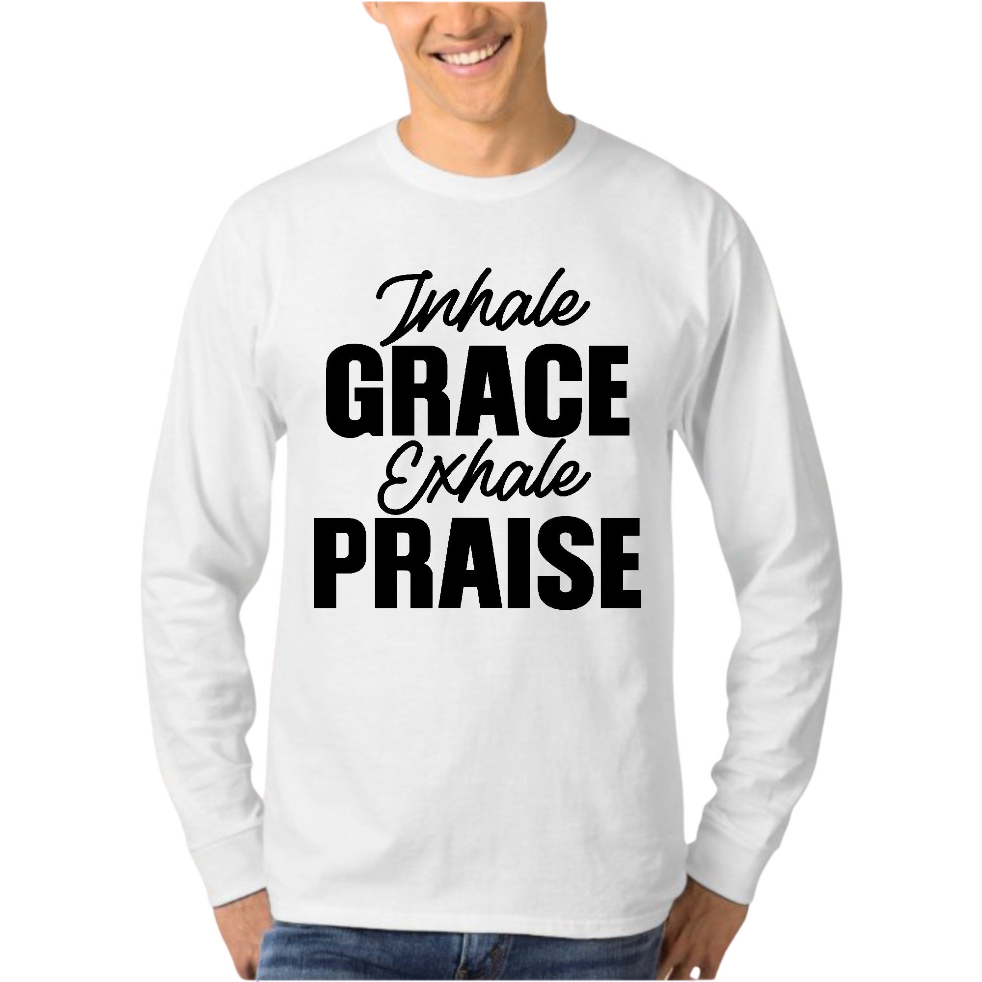 Men's long sleeve graphic t-shirt in black with 'Inhale Grace Exhale Praise' printed on the front, showcasing a stylish and inspirational design.