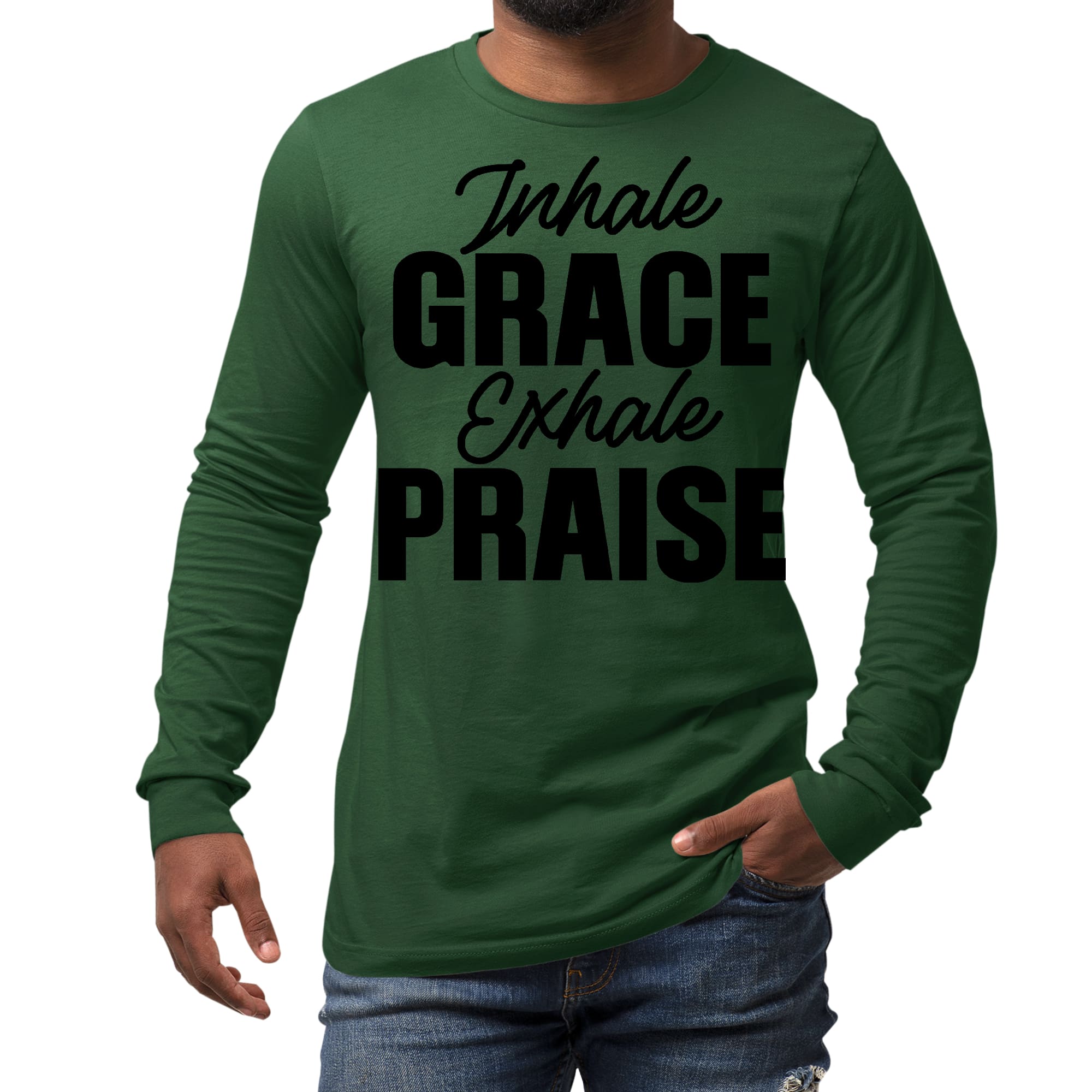 Men's long sleeve graphic t-shirt in black with 'Inhale Grace Exhale Praise' printed on the front, showcasing a stylish and inspirational design.
