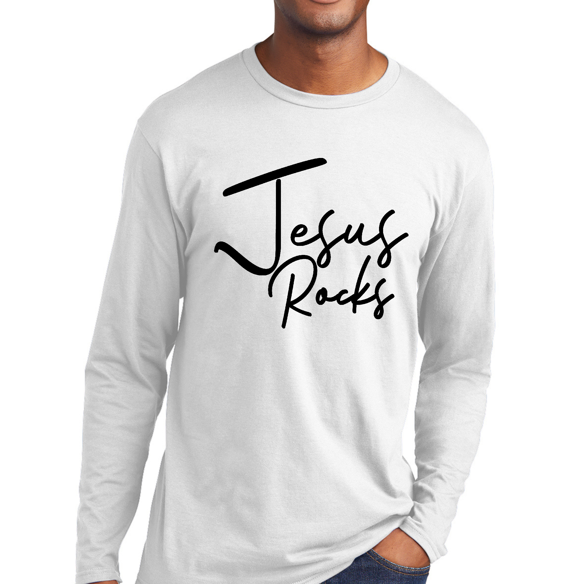 Men's Long Sleeve Graphic T-shirt featuring 'Jesus Rocks' print in black, made from soft preshrunk cotton with a classic fit.