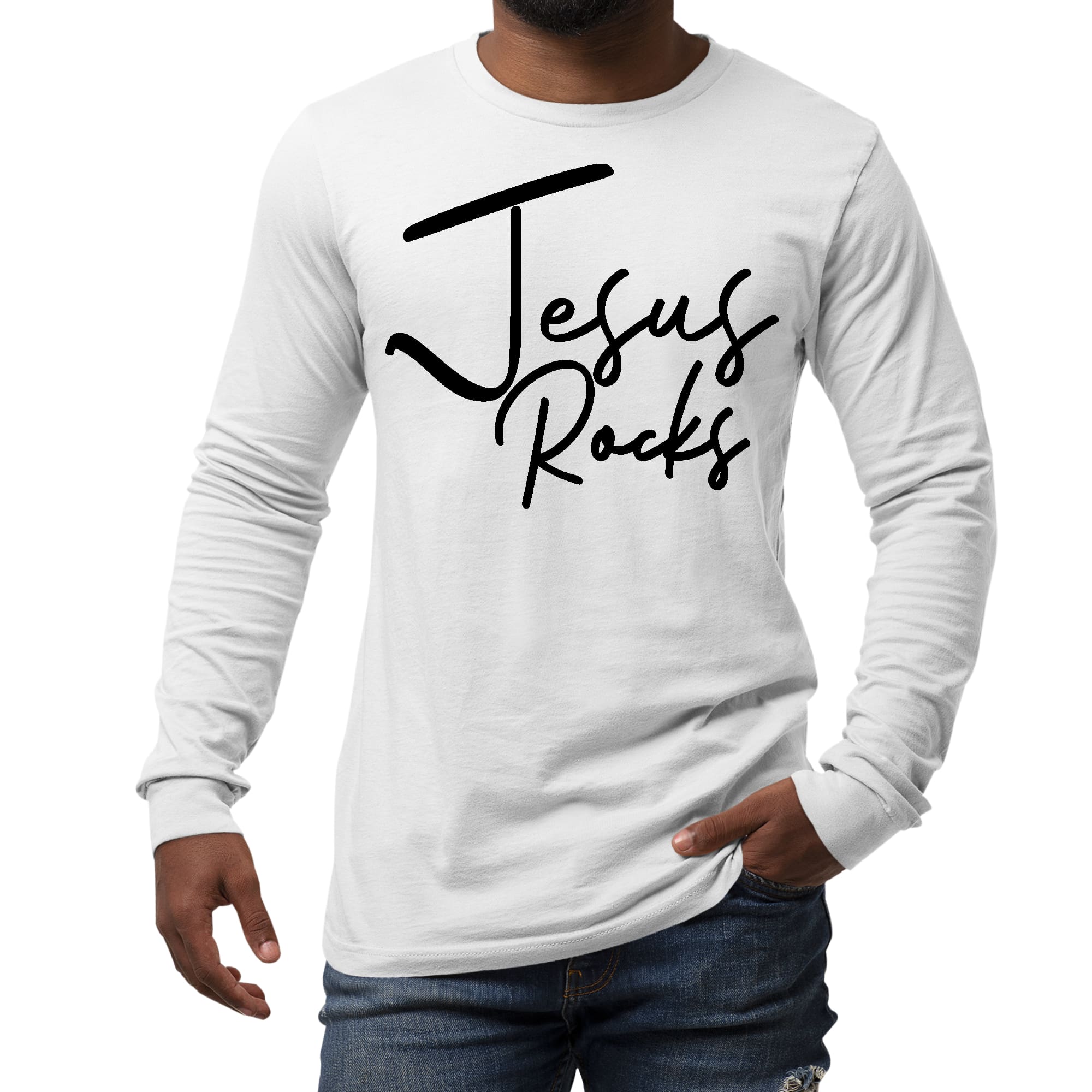 Men's Long Sleeve Graphic T-shirt featuring 'Jesus Rocks' print in black, made from soft preshrunk cotton with a classic fit.