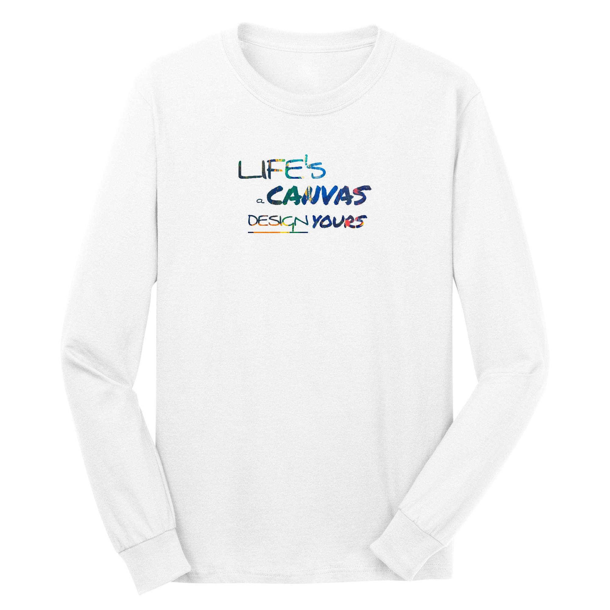 Men's Long Sleeve Graphic T-shirt featuring a colorful 'Life's a Canvas' design, made from soft preshrunk cotton.
