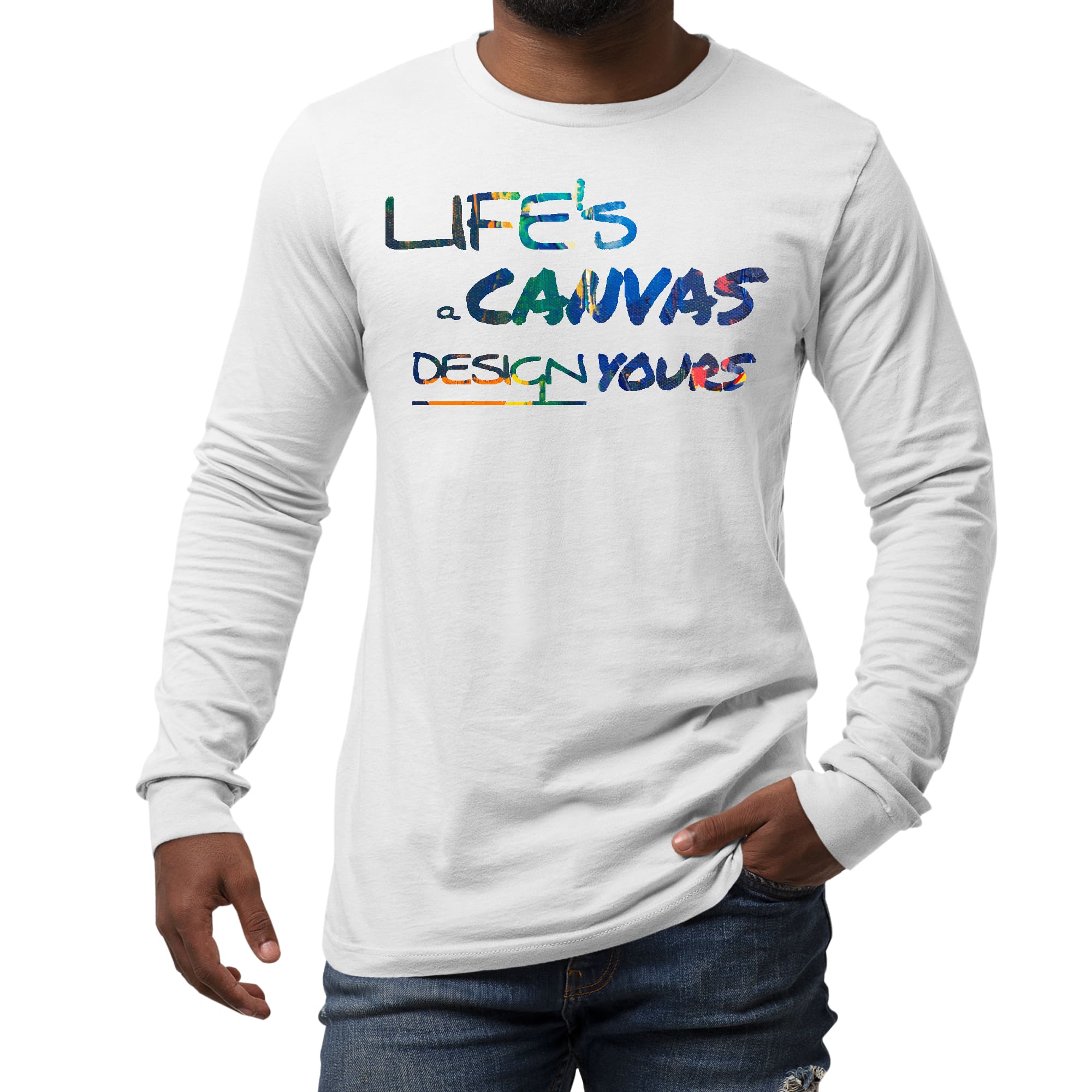 Men's Long Sleeve Graphic T-shirt featuring a colorful 'Life's a Canvas' design, made from soft preshrunk cotton.