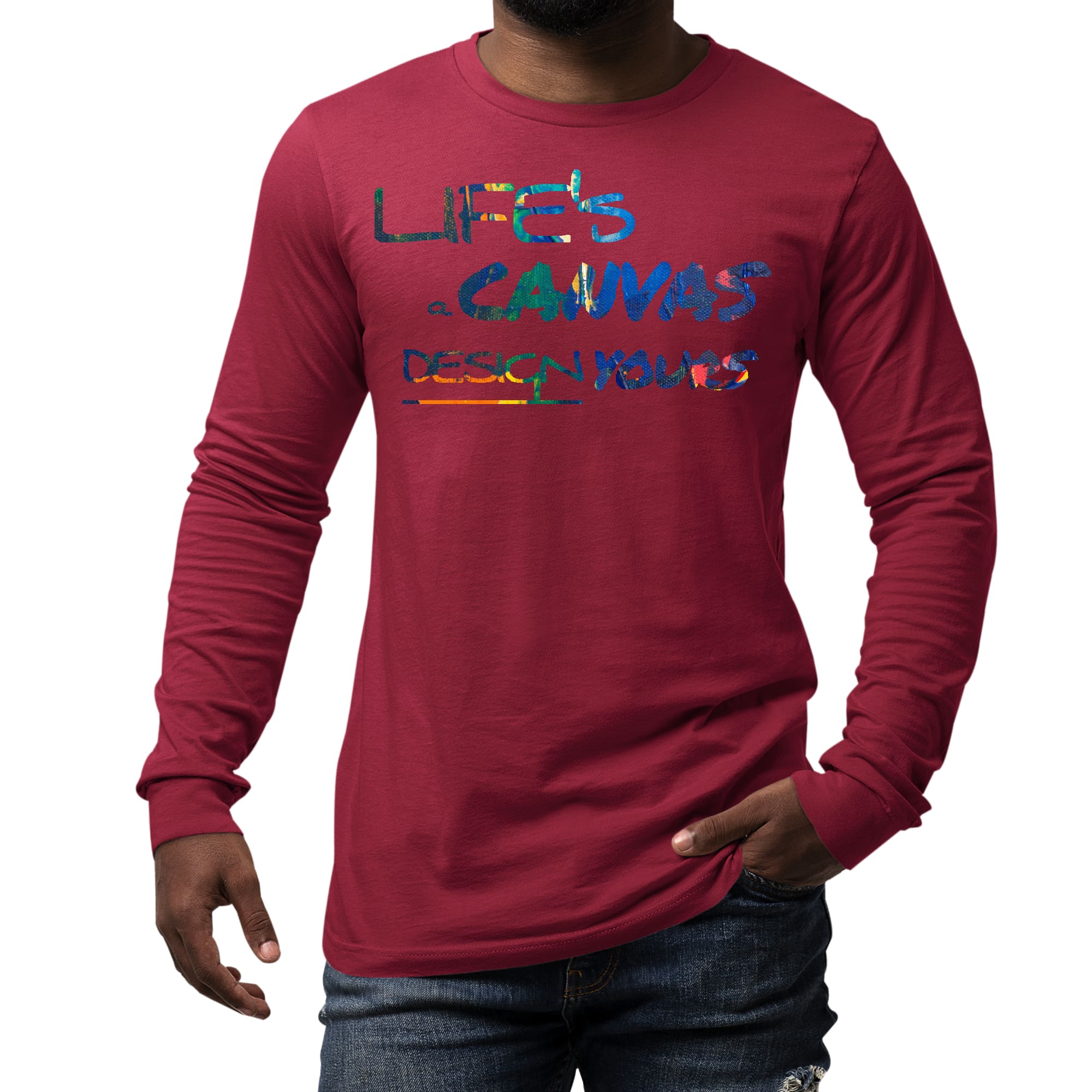Men's Long Sleeve Graphic T-shirt featuring a colorful 'Life's a Canvas' design, made from soft preshrunk cotton.