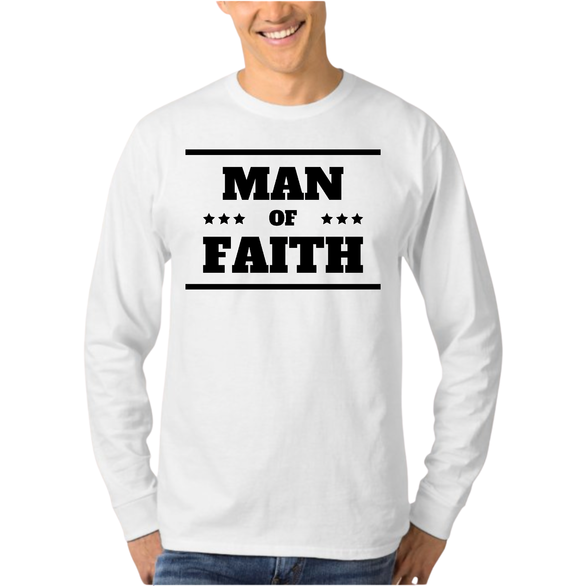 Men's Long Sleeve Graphic T-shirt with Man of Faith black illustration, showcasing a stylish and comfortable design for everyday wear.