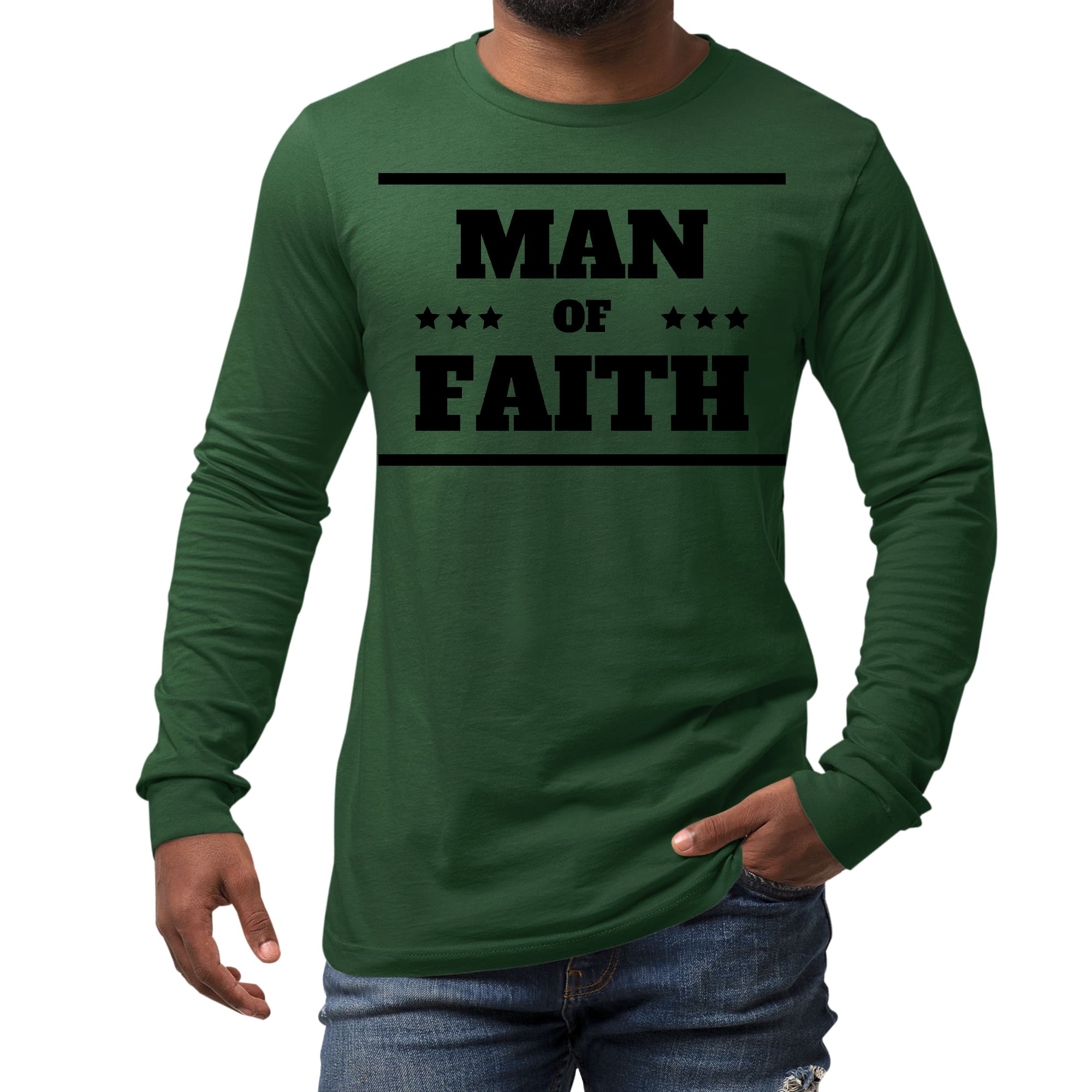 Men's Long Sleeve Graphic T-shirt with Man of Faith black illustration, showcasing a stylish and comfortable design for everyday wear.