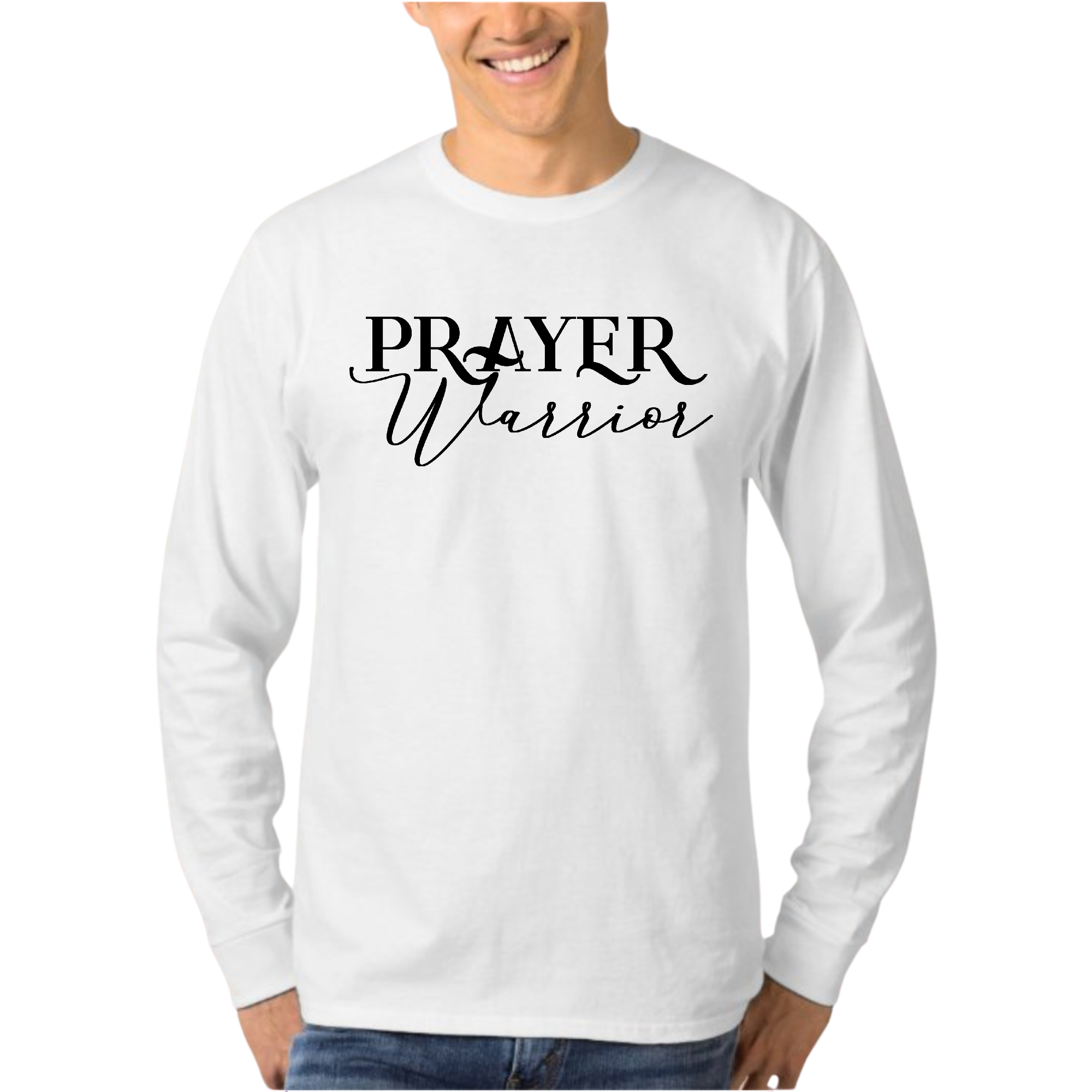 Men's Long Sleeve Graphic T-shirt with Prayer Warrior script design, showcasing soft cotton fabric and unisex fit.