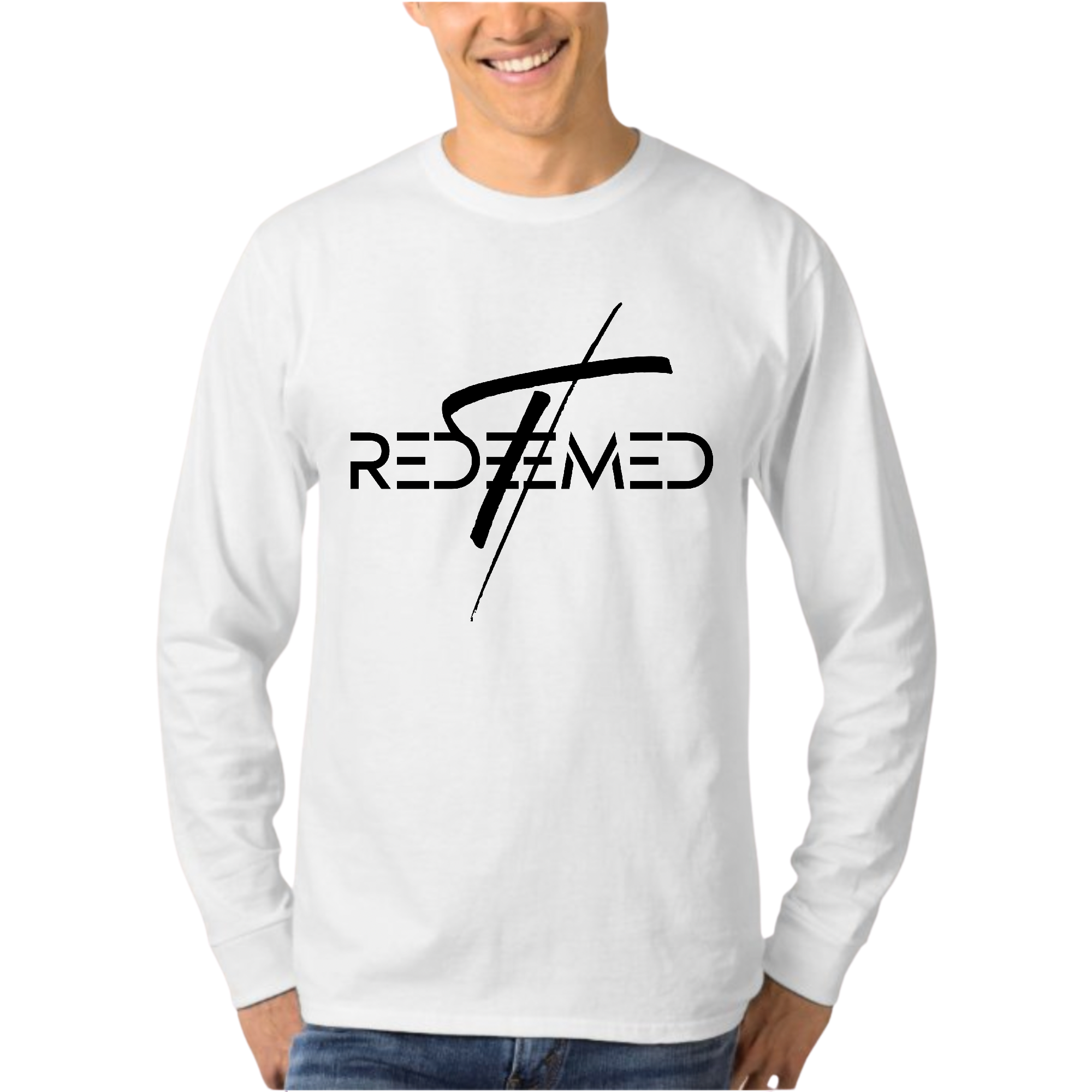 Men's Long Sleeve Graphic T-shirt featuring a black Redeemed Cross illustration, made from soft preshrunk cotton.
