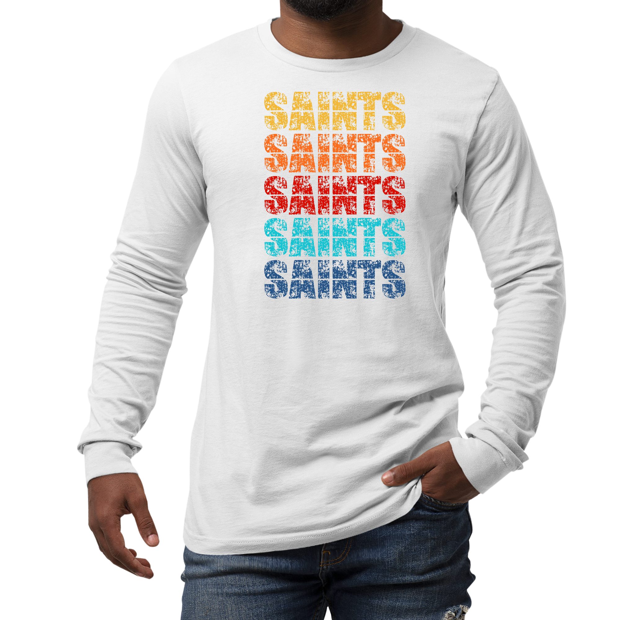 Men's Long Sleeve Graphic T-shirt featuring a vibrant Saints Colorful Art Illustration, showcasing a stylish design perfect for all seasons.