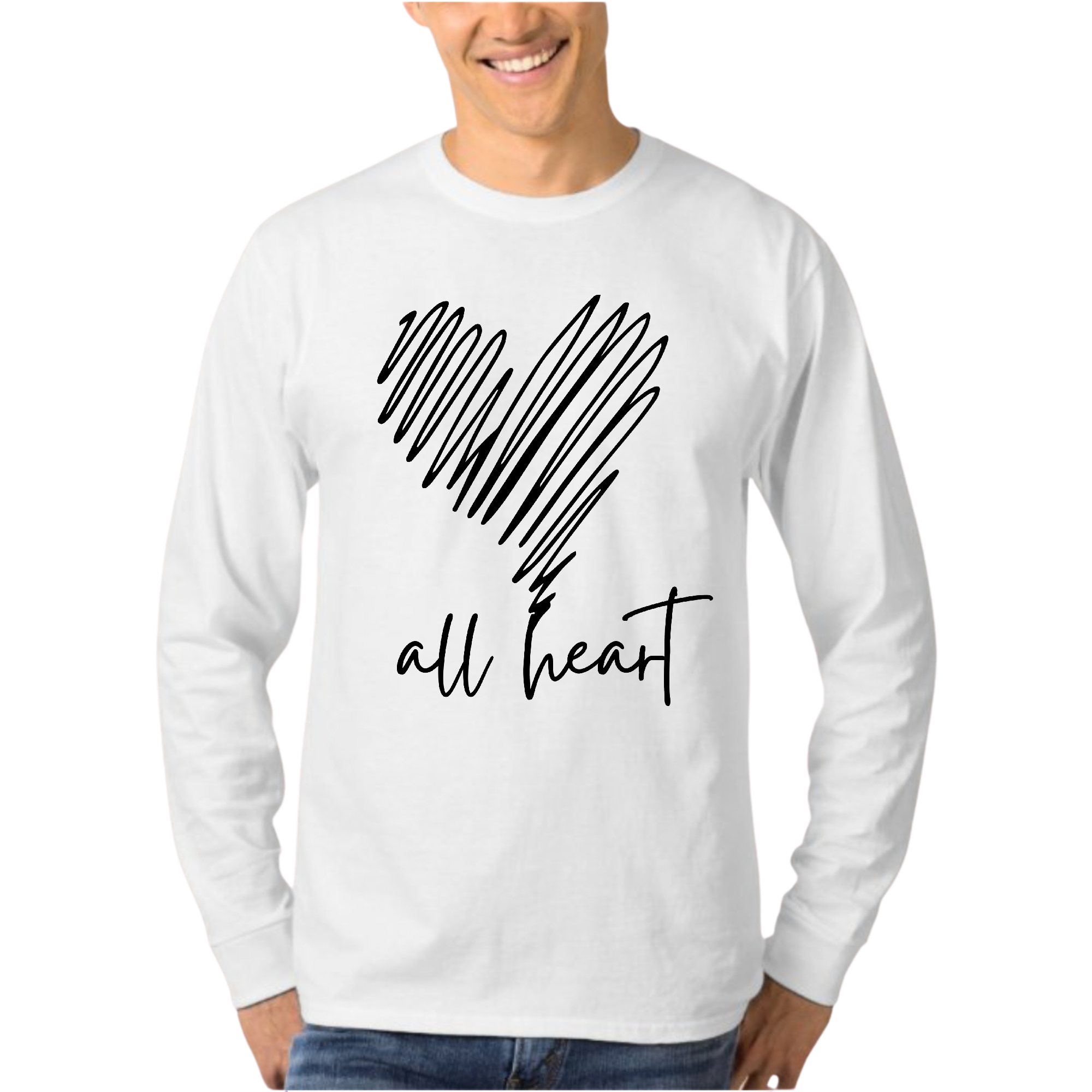 Men's long sleeve graphic t-shirt featuring 'Say it Soul, All Heart' line art design, made from soft cotton material.