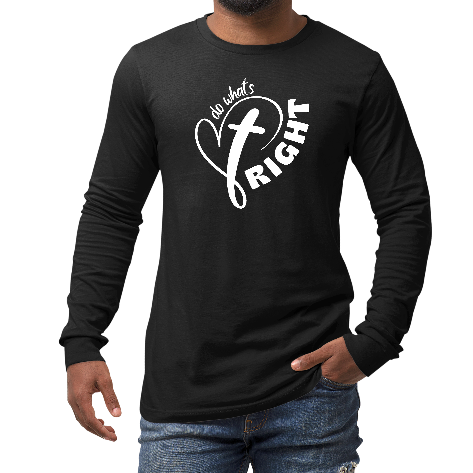 Mens Long Sleeve Graphic T-shirt featuring the phrase 'Do What's Right' in stylish print, made from moisture-wicking fabric.