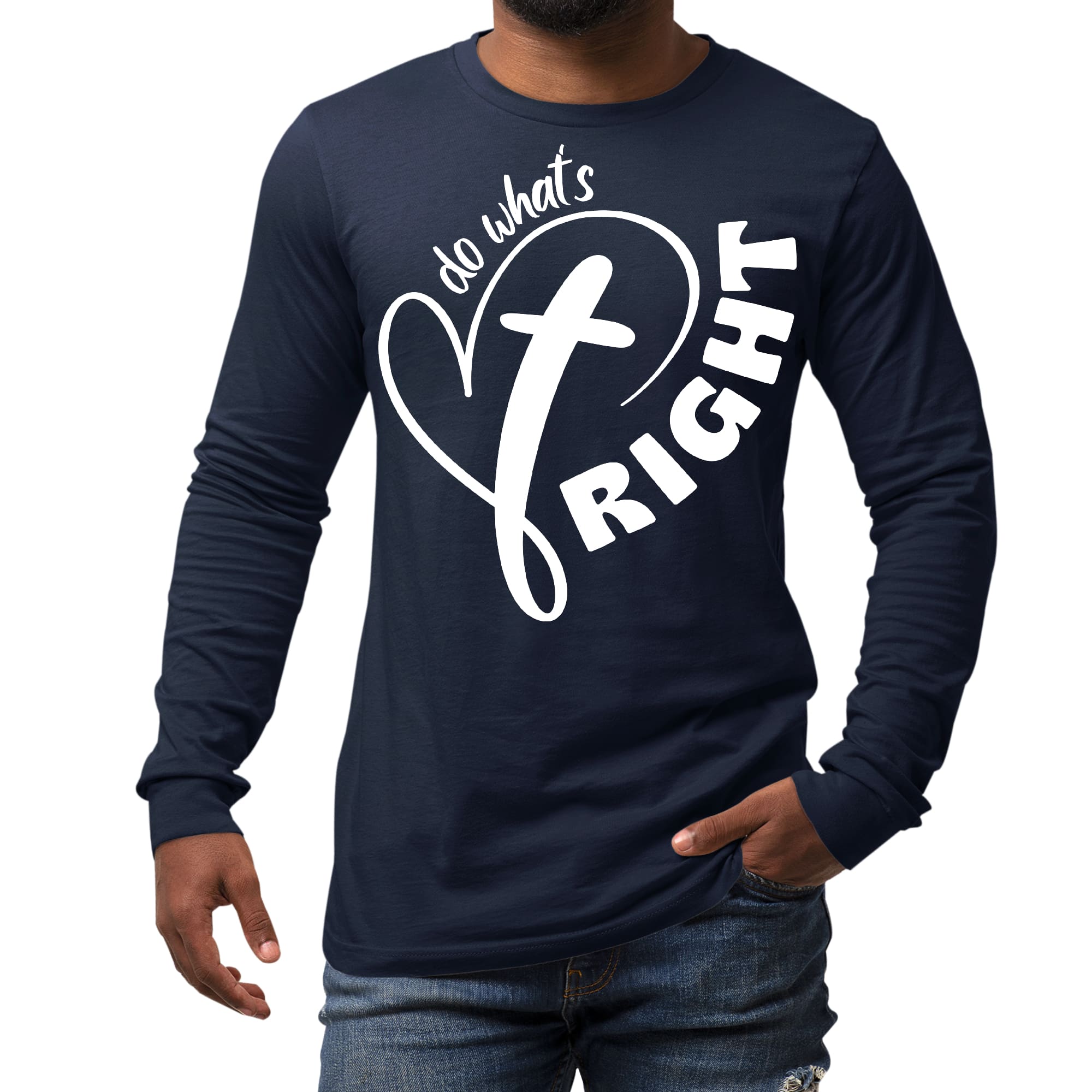 Mens Long Sleeve Graphic T-shirt featuring the phrase 'Do What's Right' in stylish print, made from moisture-wicking fabric.
