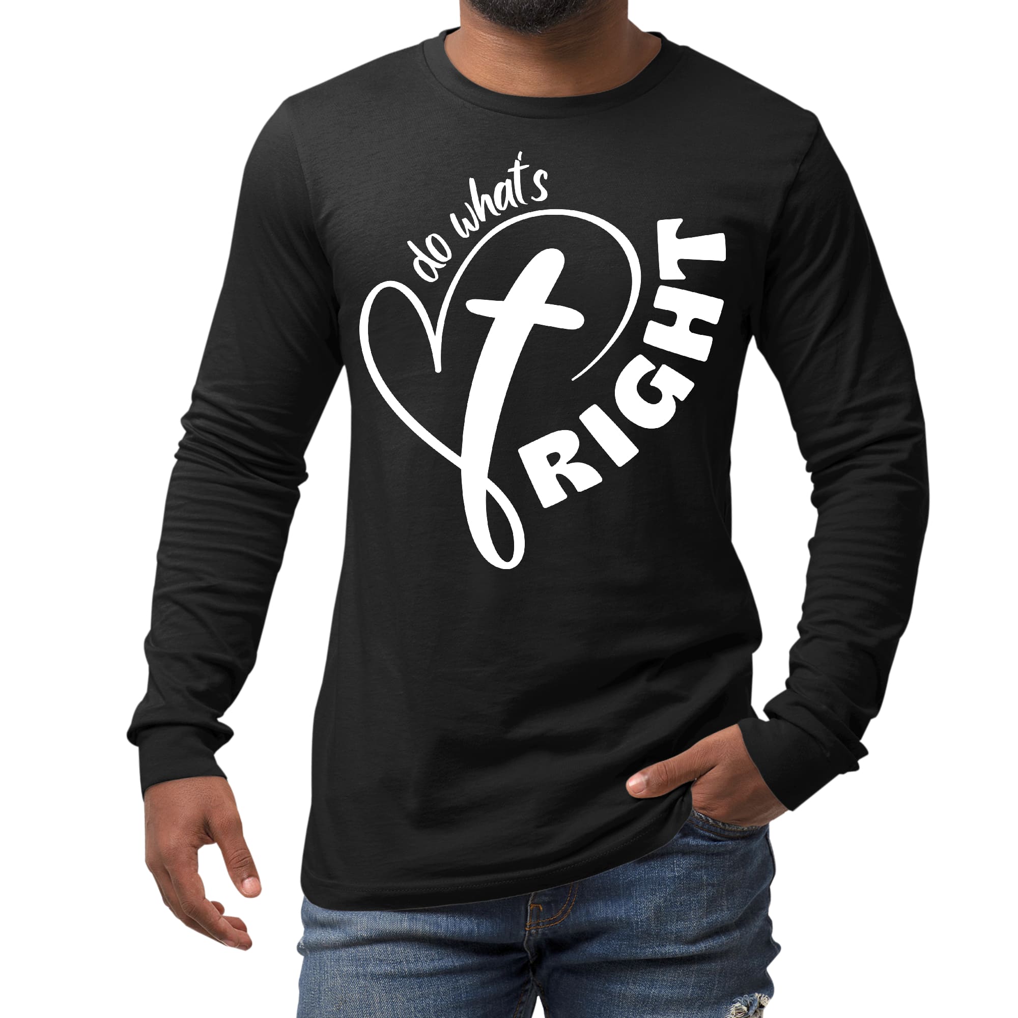Mens Long Sleeve Graphic T-shirt featuring the phrase 'Do What's Right' in stylish print, made from moisture-wicking fabric.