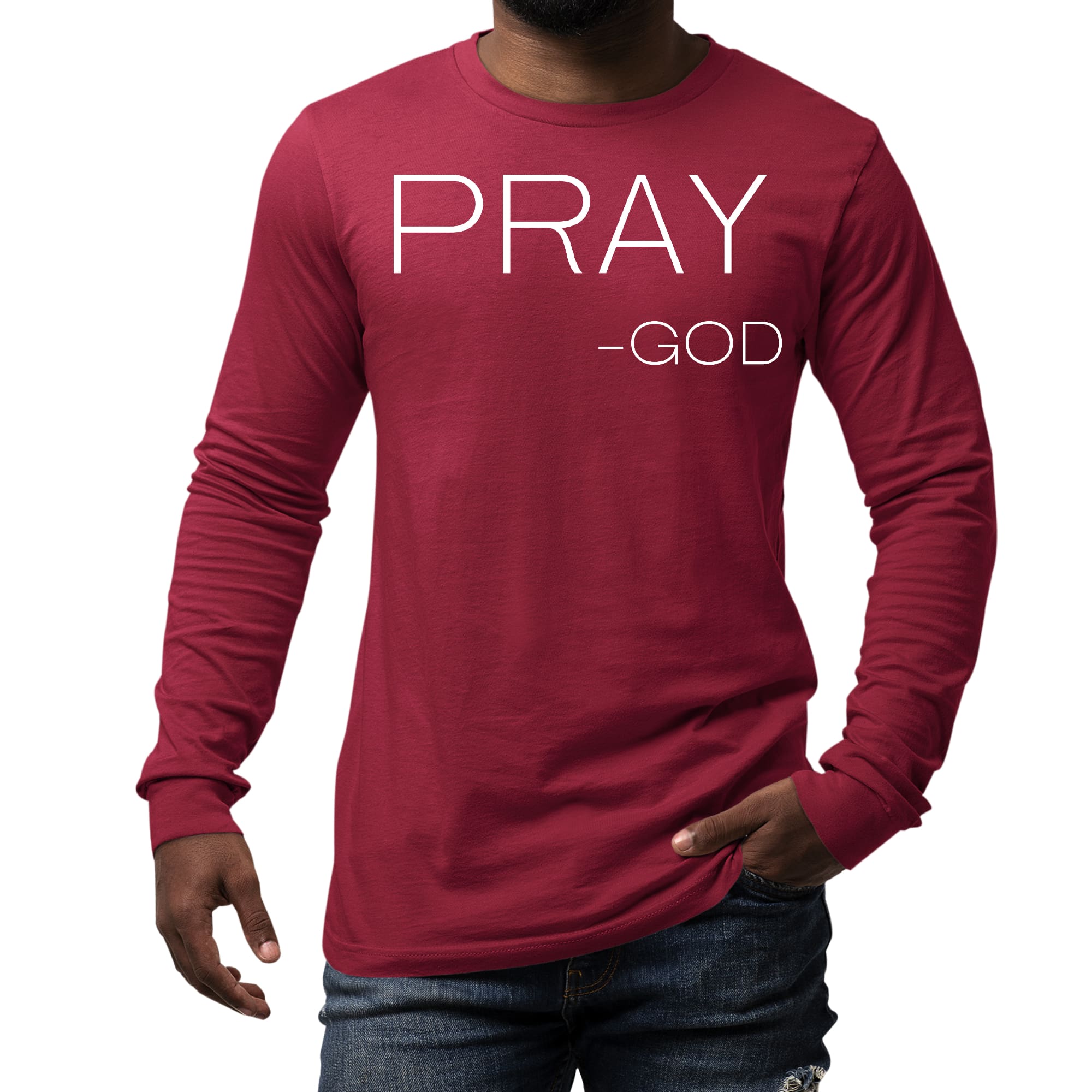 Men's Long Sleeve Graphic T-shirt featuring 'Pray-God' statement, made from soft preshrunk cotton with a classic fit.