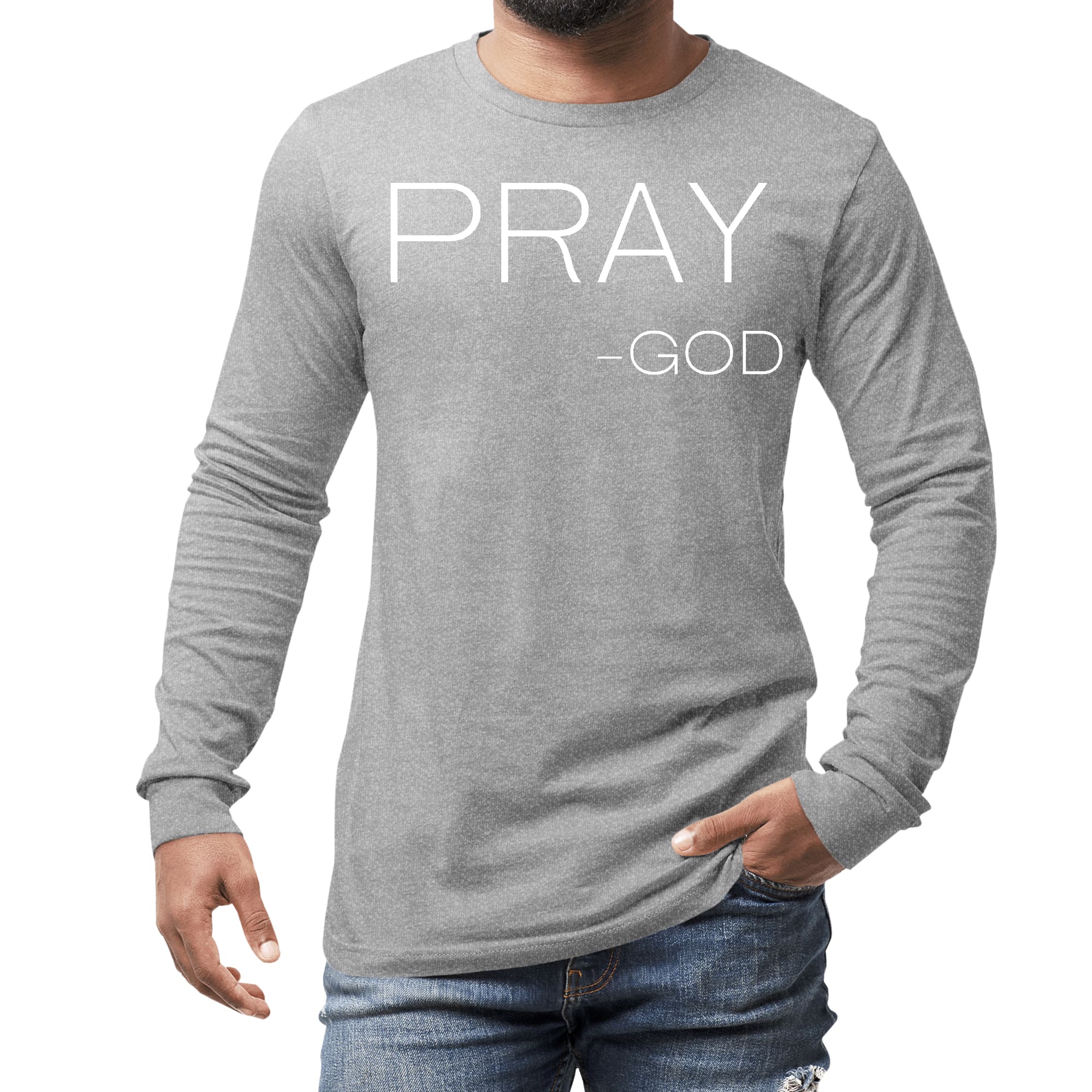 Men's Long Sleeve Graphic T-shirt featuring 'Pray-God' statement, made from soft preshrunk cotton with a classic fit.
