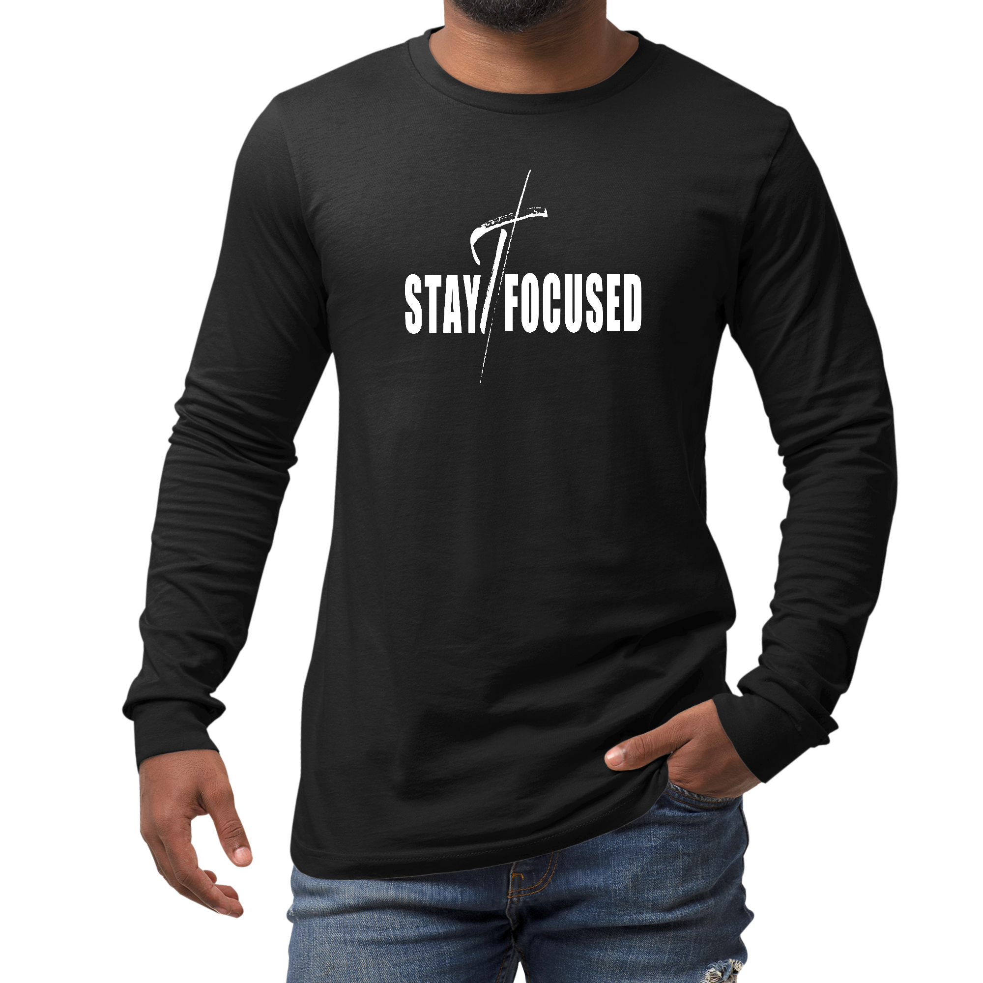 Men's Long Sleeve Graphic T-shirt featuring Stay Focused white print, showcasing a stylish and comfortable design suitable for all seasons.