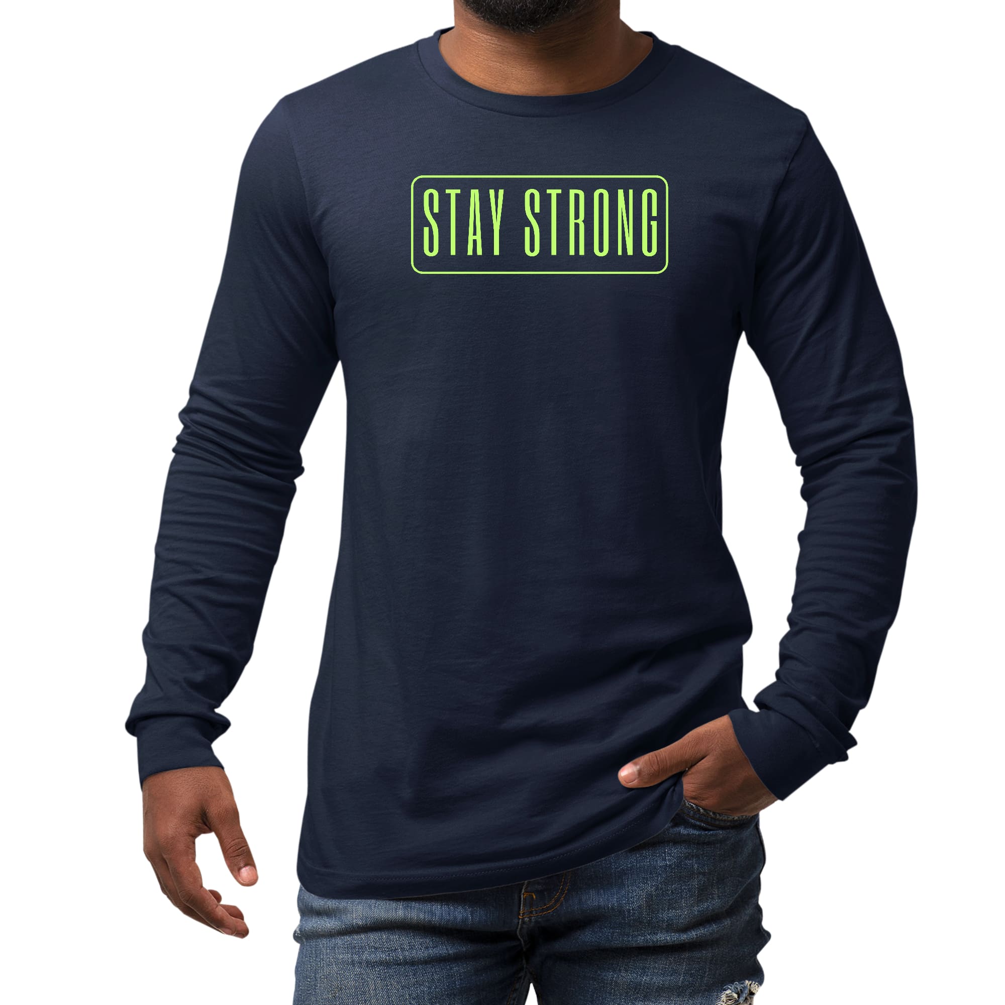 Men's Long Sleeve Graphic T-shirt featuring a neon 'Stay Strong' print, made from soft preshrunk cotton for comfort and durability.