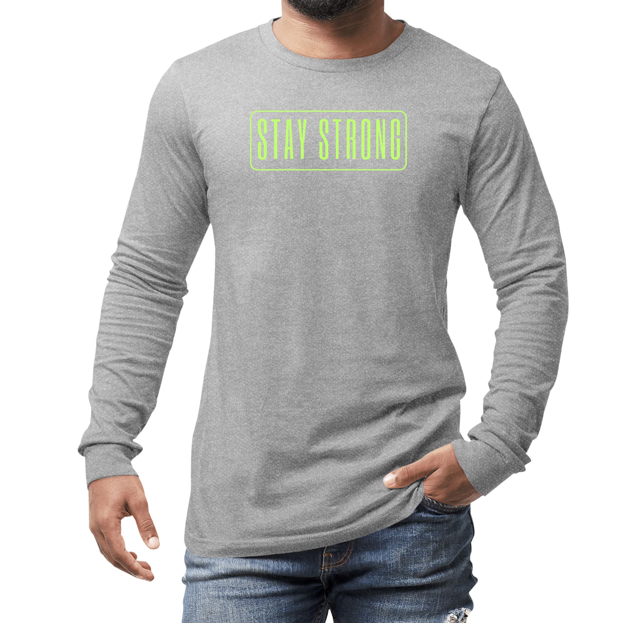 Men's Long Sleeve Graphic T-shirt featuring a neon 'Stay Strong' print, made from soft preshrunk cotton for comfort and durability.