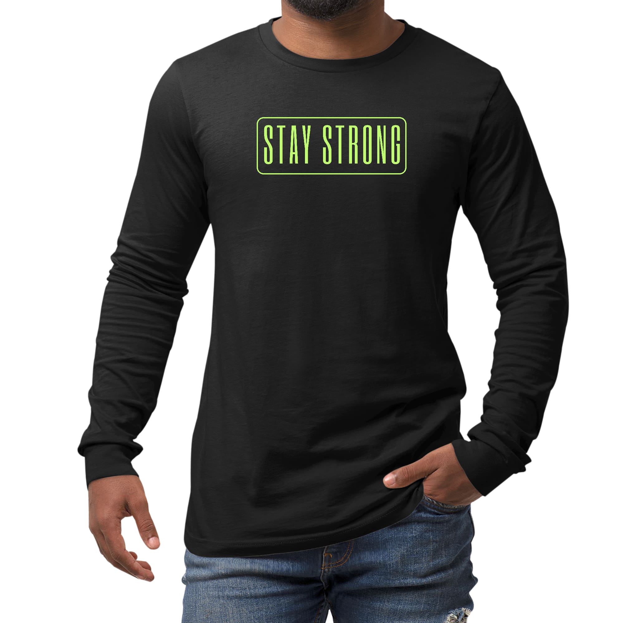 Men's Long Sleeve Graphic T-shirt featuring a neon 'Stay Strong' print, made from soft preshrunk cotton for comfort and durability.
