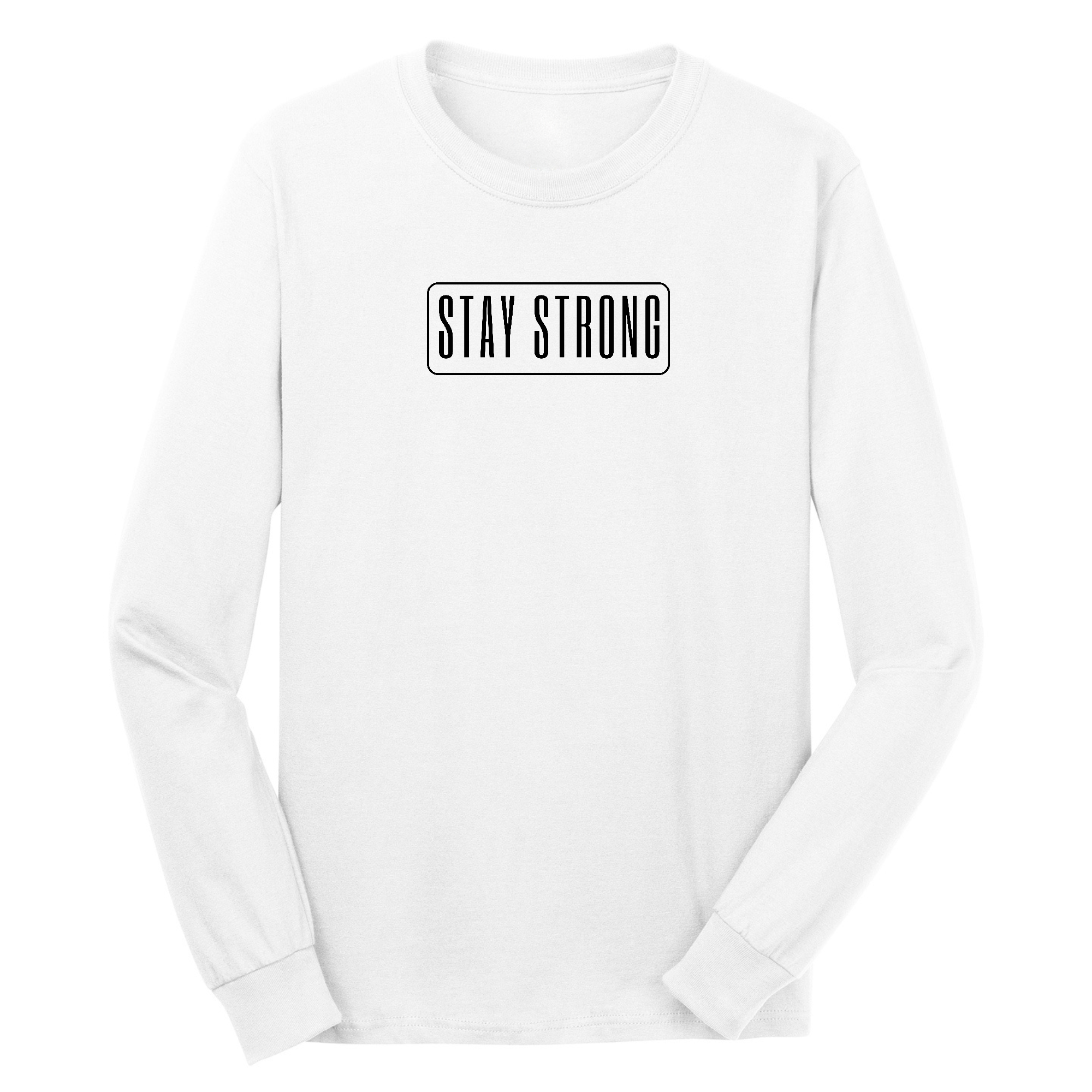Men's Long Sleeve Graphic T-shirt in black featuring a motivational 'Stay Strong' print, made from soft preshrunk cotton.
