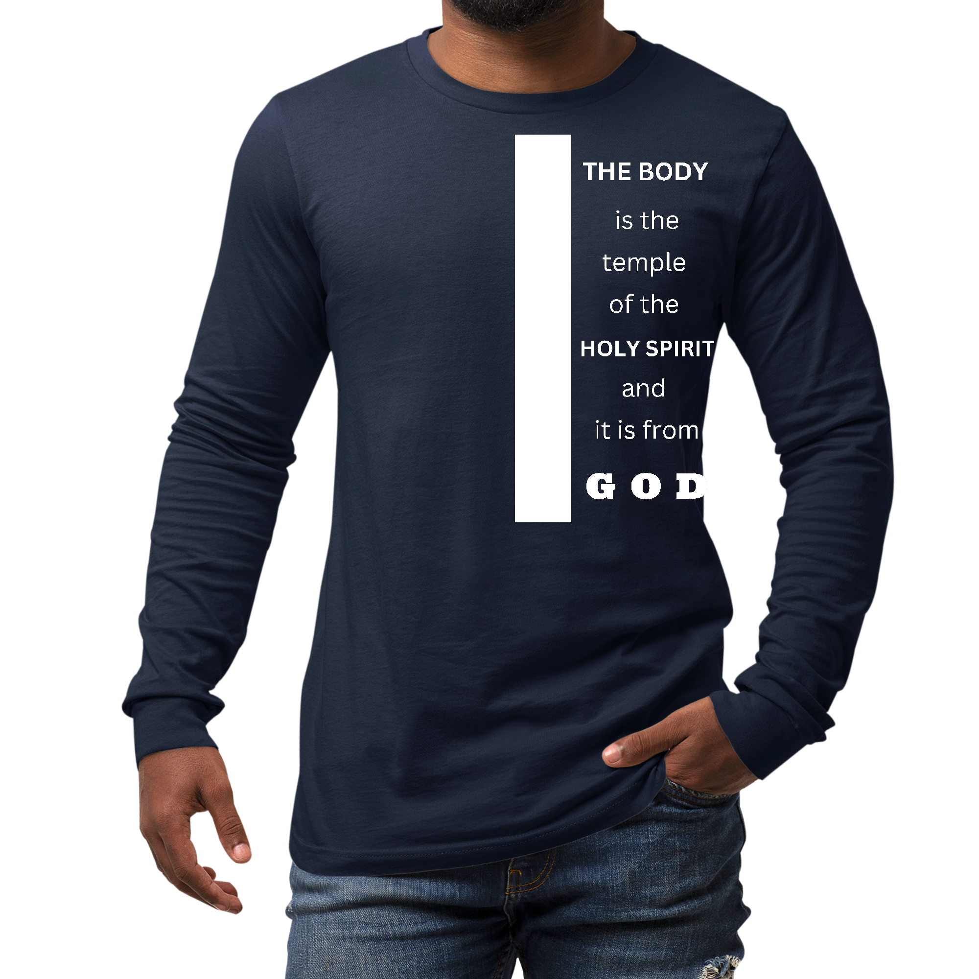 Men's long sleeve graphic t-shirt featuring 'The Body is the Temple of the Holy Spirit' printed on soft preshrunk cotton fabric.