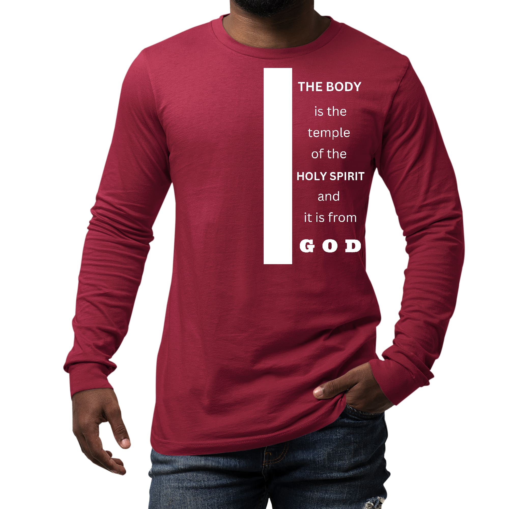 Men's long sleeve graphic t-shirt featuring 'The Body is the Temple of the Holy Spirit' printed on soft preshrunk cotton fabric.