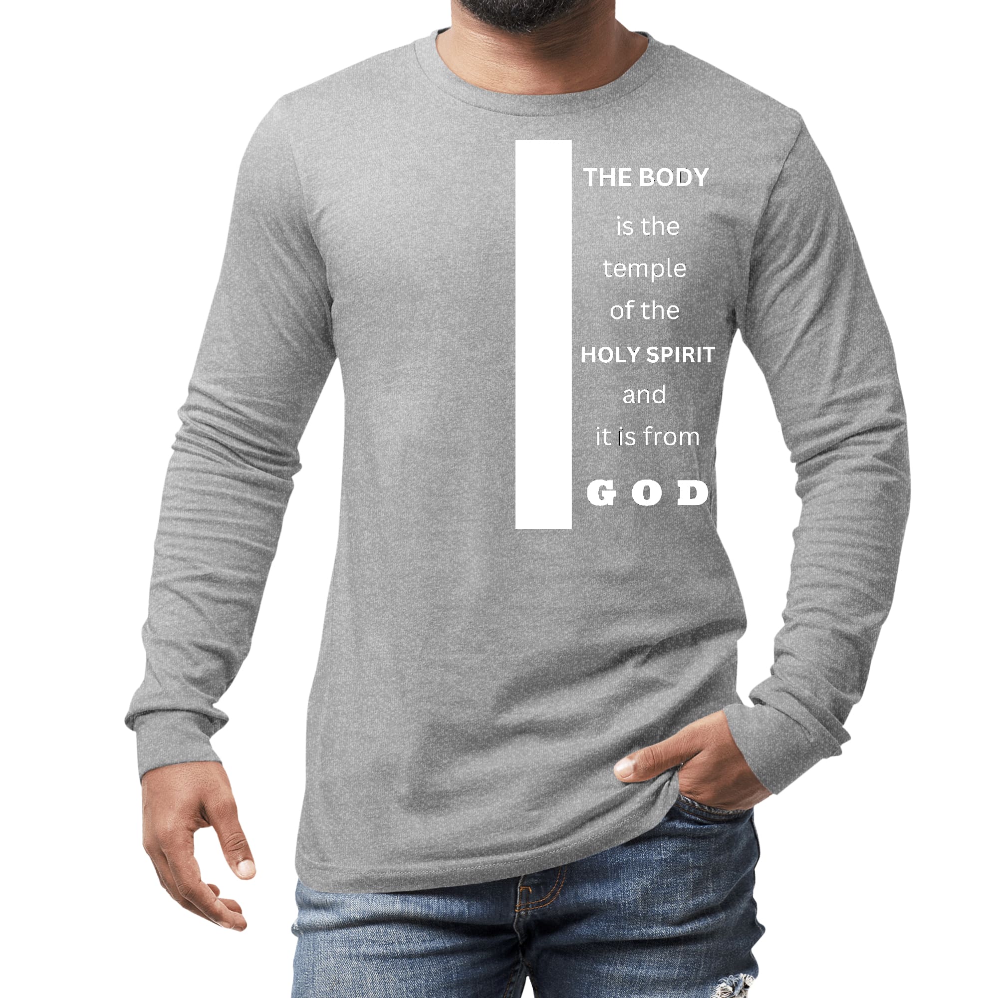 Men's long sleeve graphic t-shirt featuring 'The Body is the Temple of the Holy Spirit' printed on soft preshrunk cotton fabric.