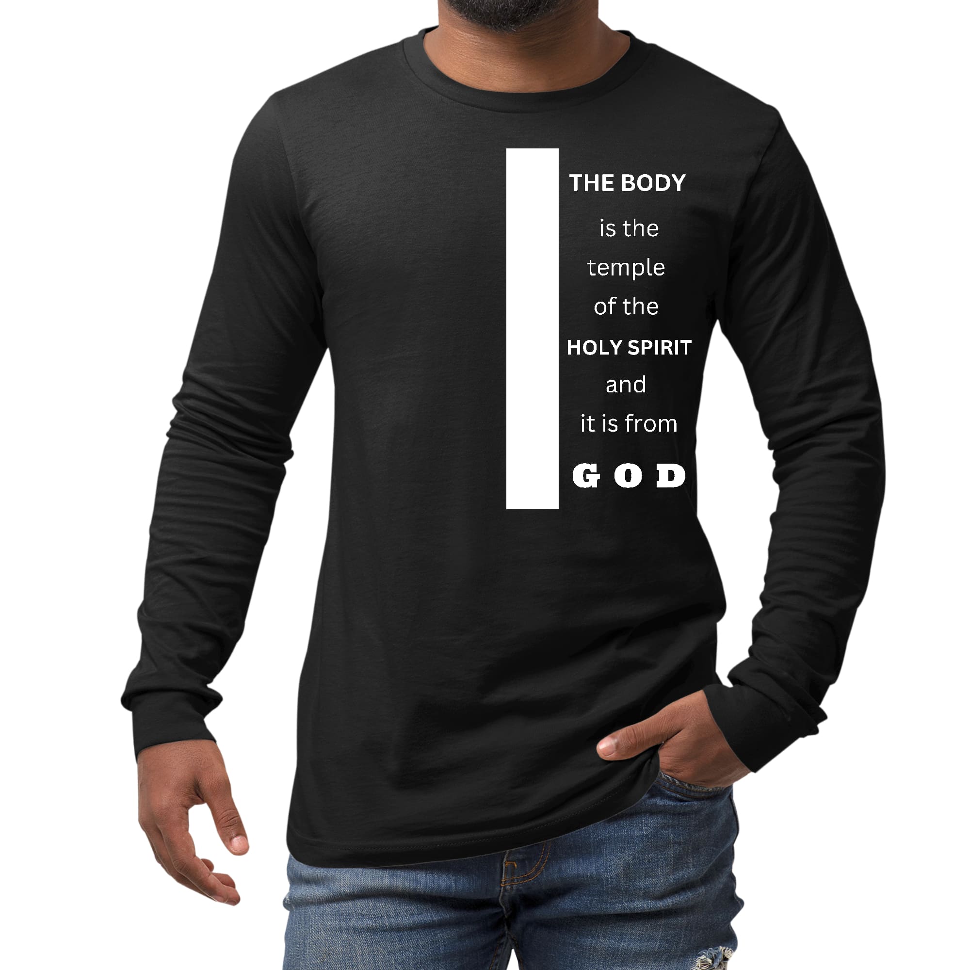 Men's long sleeve graphic t-shirt featuring 'The Body is the Temple of the Holy Spirit' printed on soft preshrunk cotton fabric.