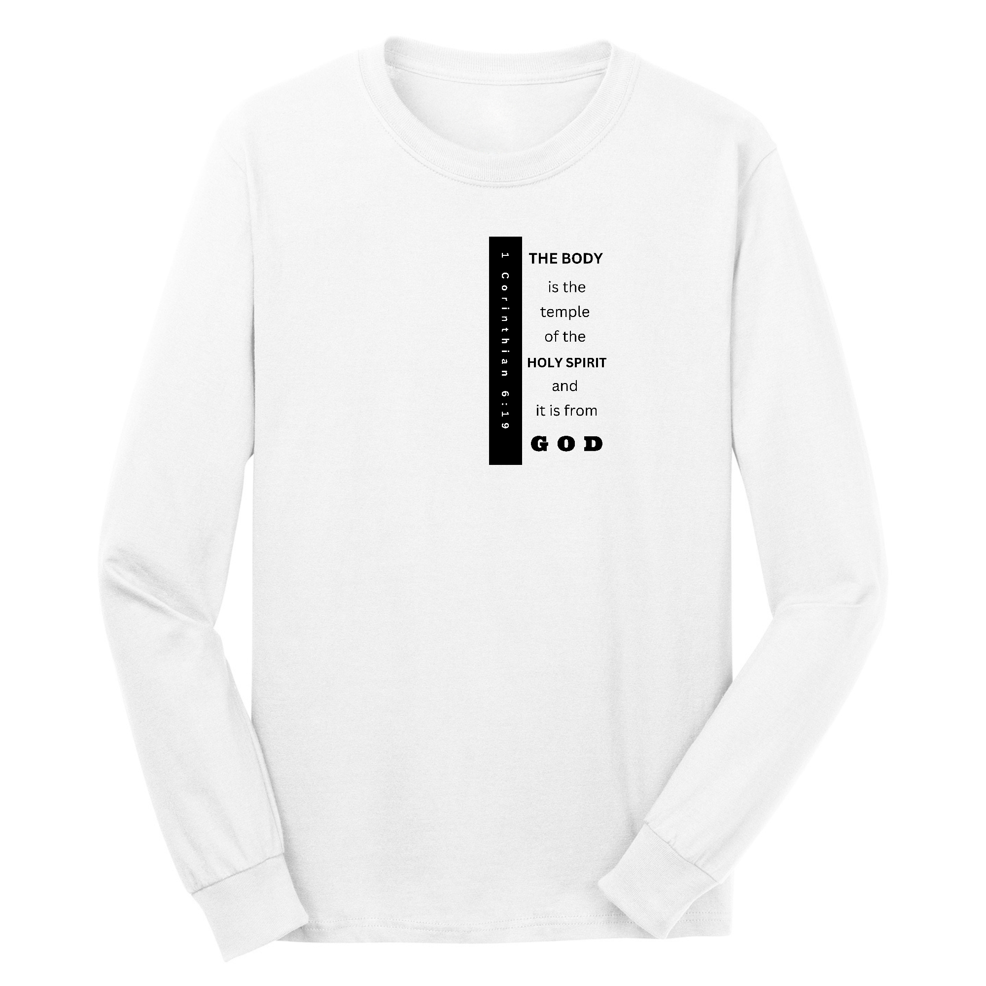 Men's long sleeve graphic t-shirt in black featuring 'The Body is the Temple' print, made from soft preshrunk cotton.