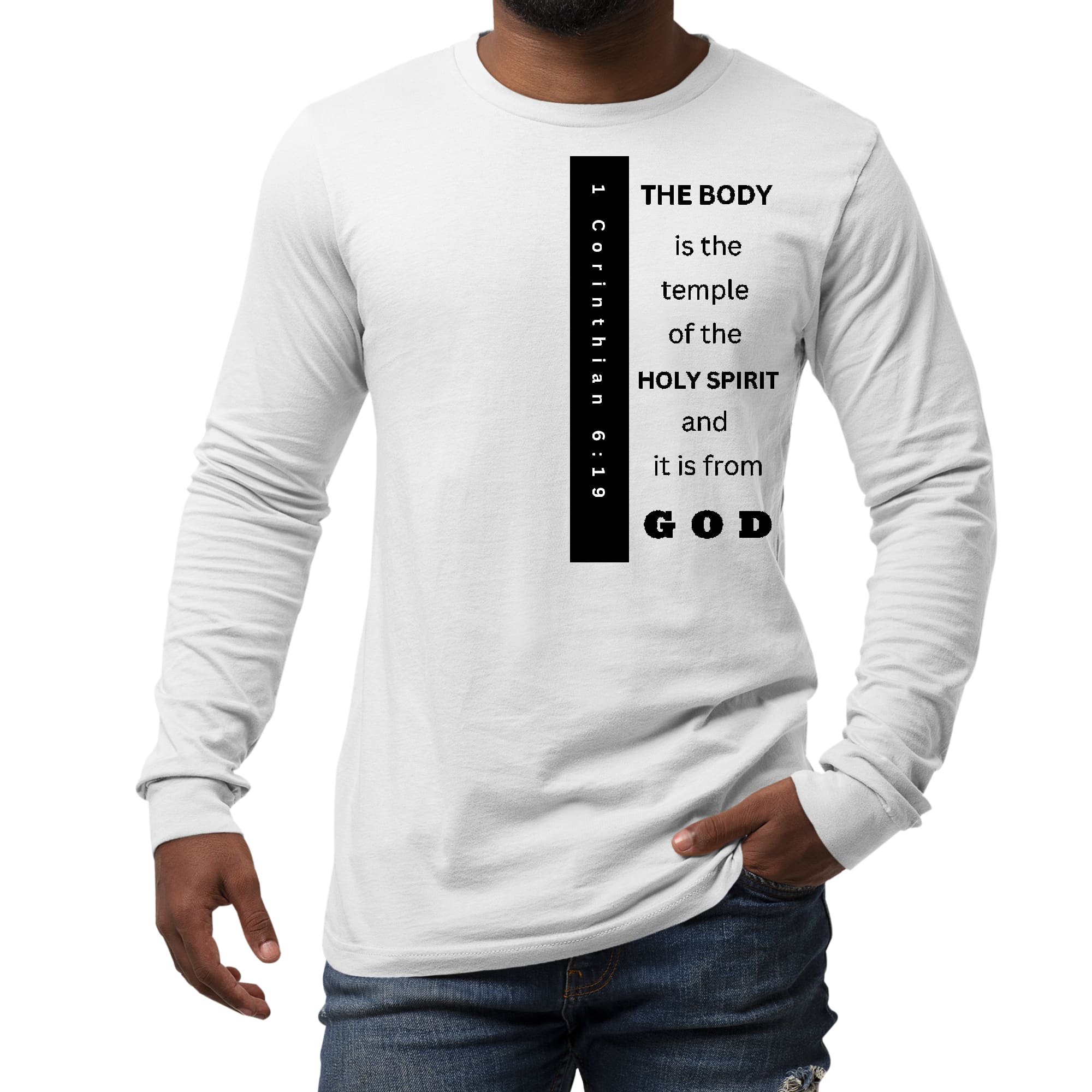 Men's long sleeve graphic t-shirt in black featuring 'The Body is the Temple' print, made from soft preshrunk cotton.