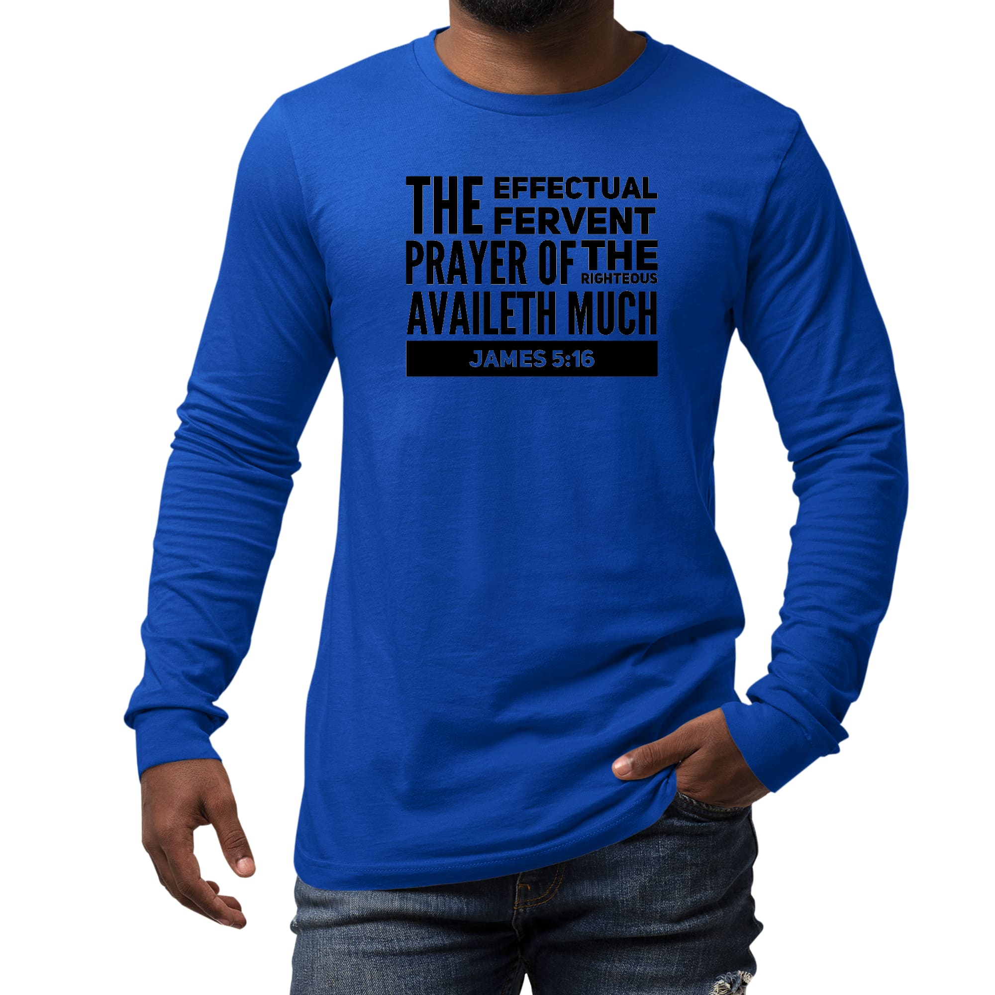 Men's Long Sleeve Graphic T-shirt featuring the Effectual Fervent Prayer print, made from soft preshrunk cotton for comfort and durability.