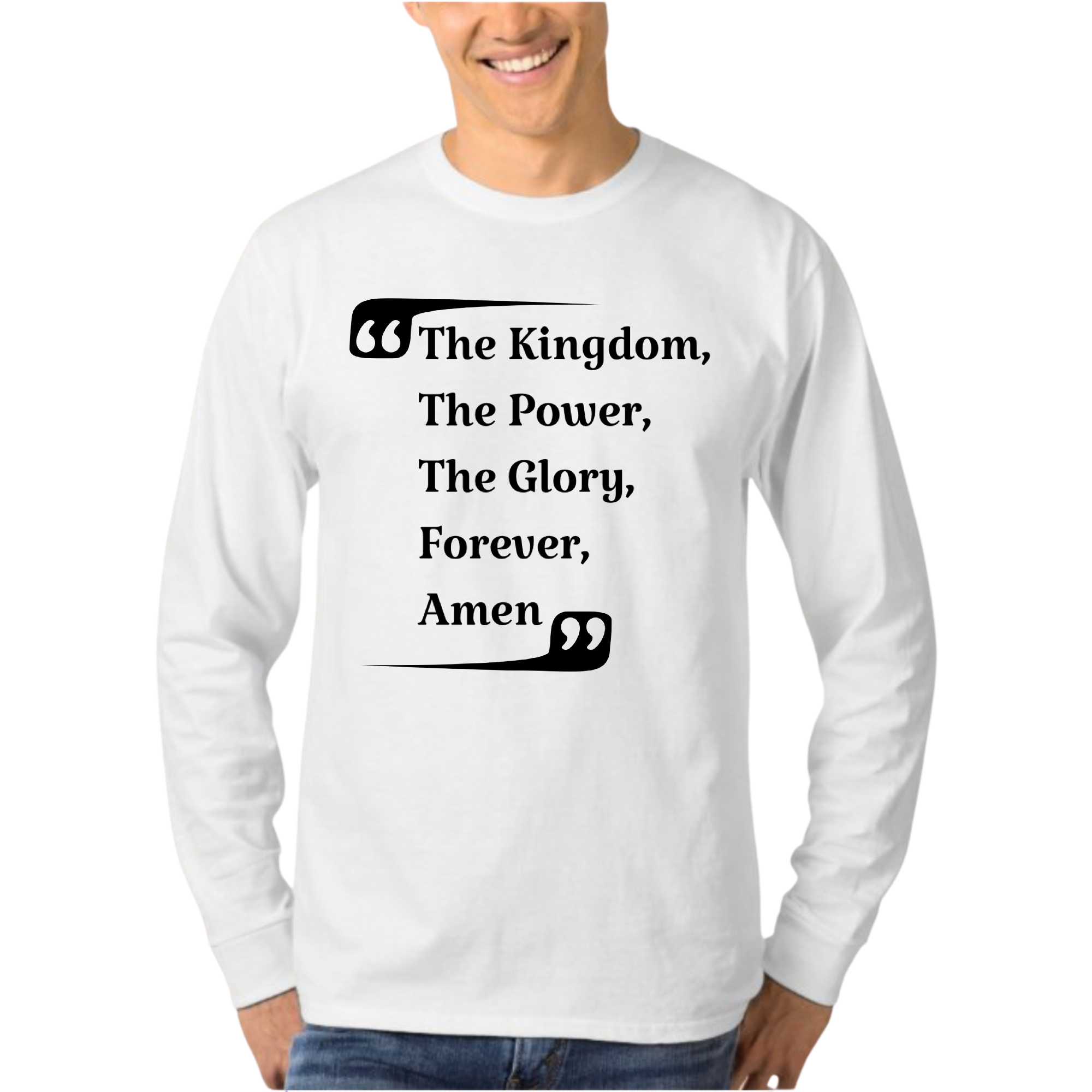 Men's Long Sleeve Graphic T-shirt featuring 'The Kingdom, The Power, The Glory' in soft cotton material, showcasing a stylish design.