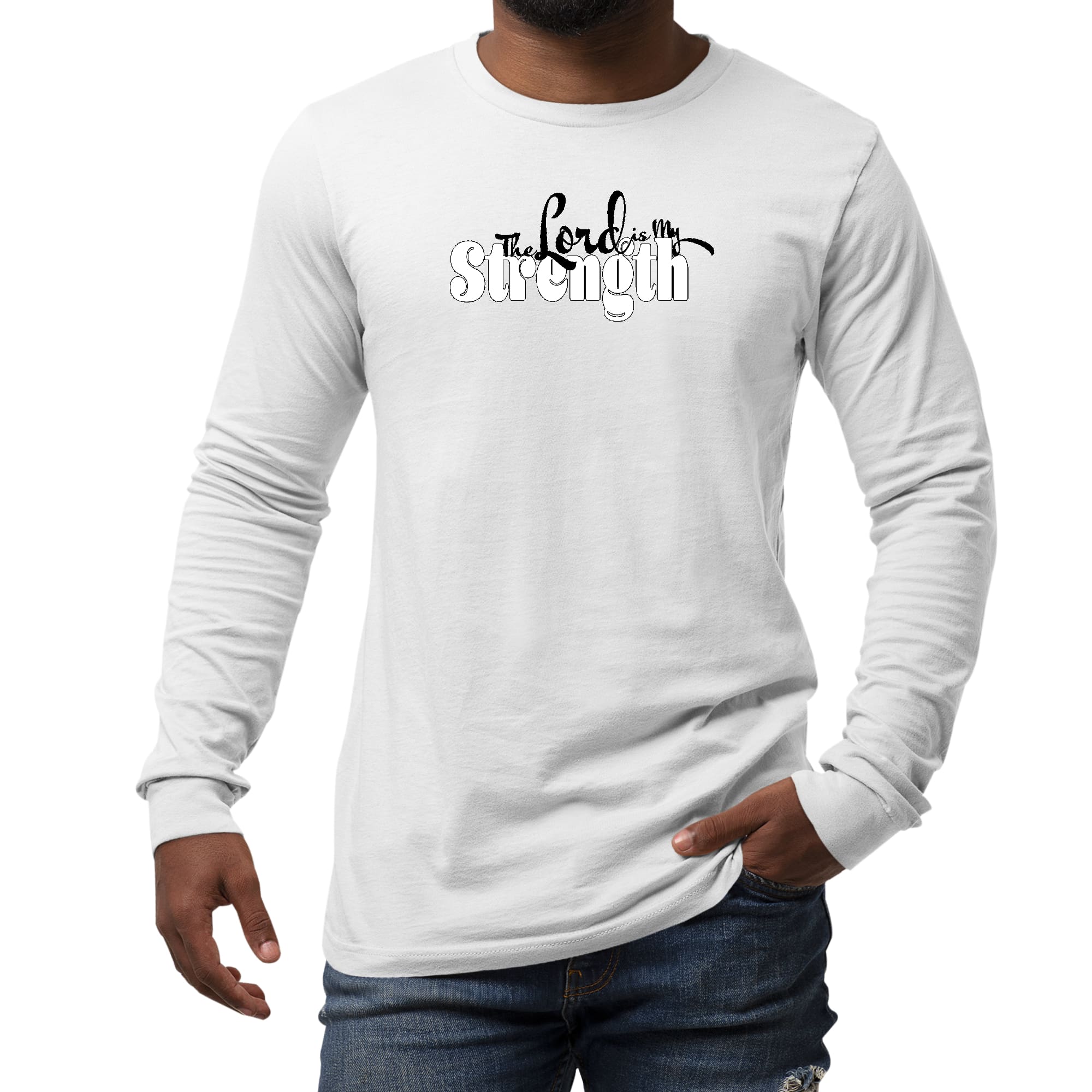 Men's Long Sleeve Graphic T-shirt featuring 'The Lord is my Strength' print in black and white, made from soft preshrunk cotton.