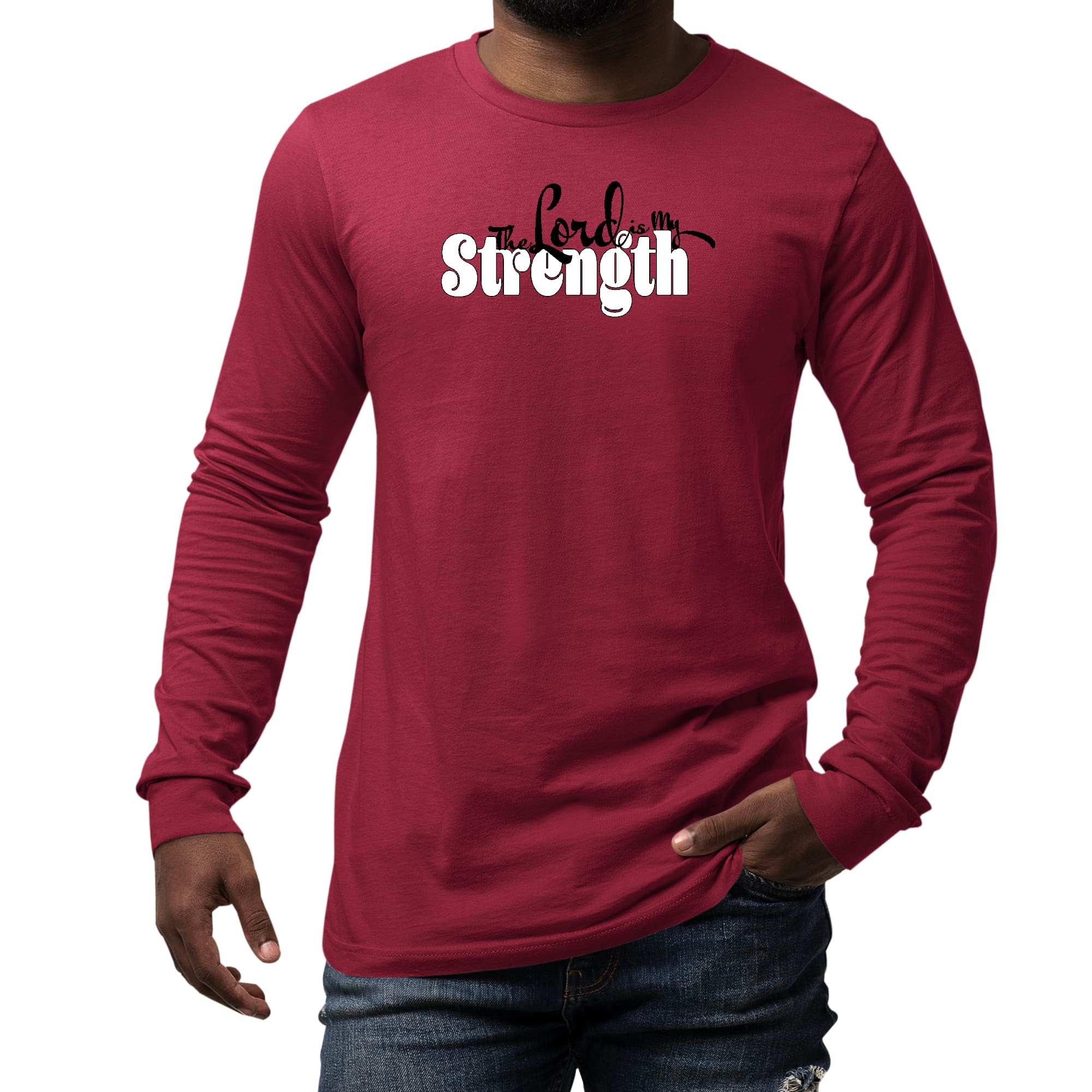 Men's Long Sleeve Graphic T-shirt featuring 'The Lord is my Strength' print in black and white, made from soft preshrunk cotton.
