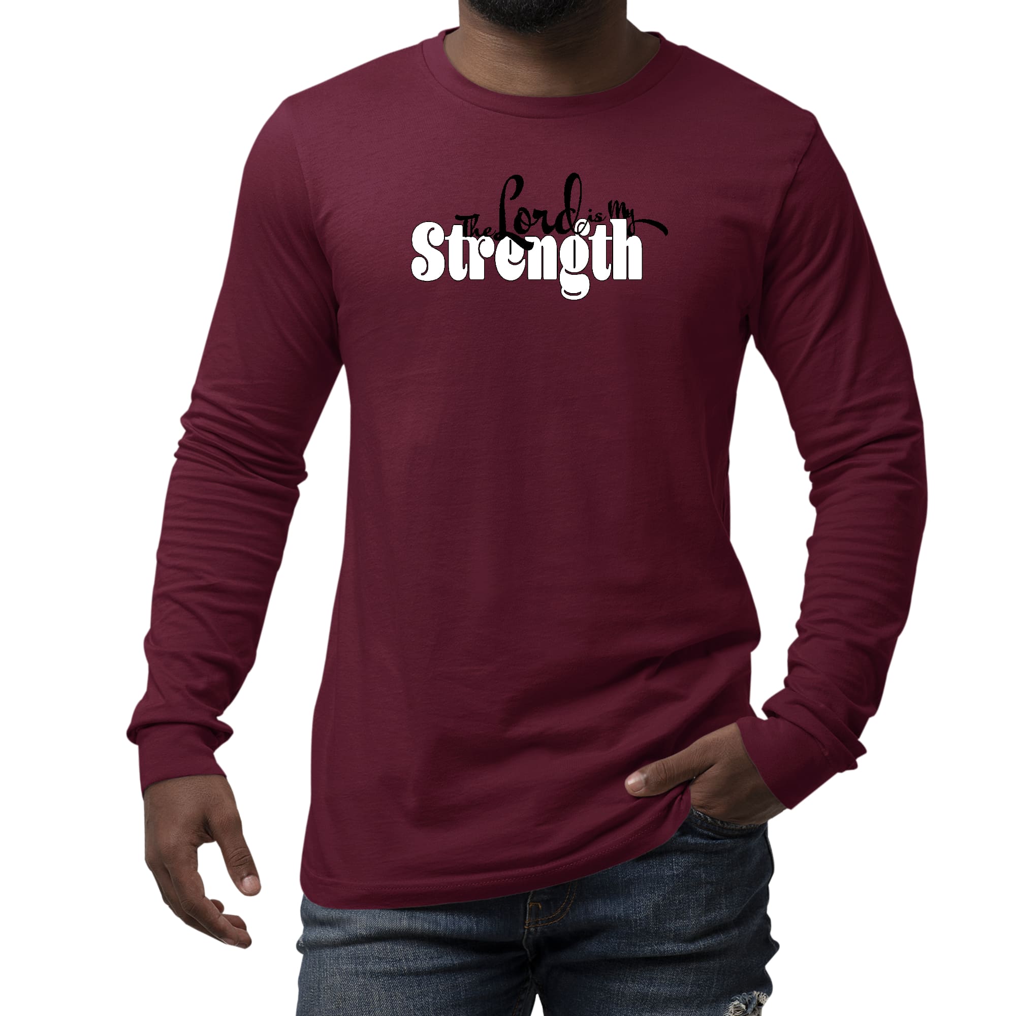 Men's Long Sleeve Graphic T-shirt featuring 'The Lord is my Strength' print in black and white, made from soft preshrunk cotton.